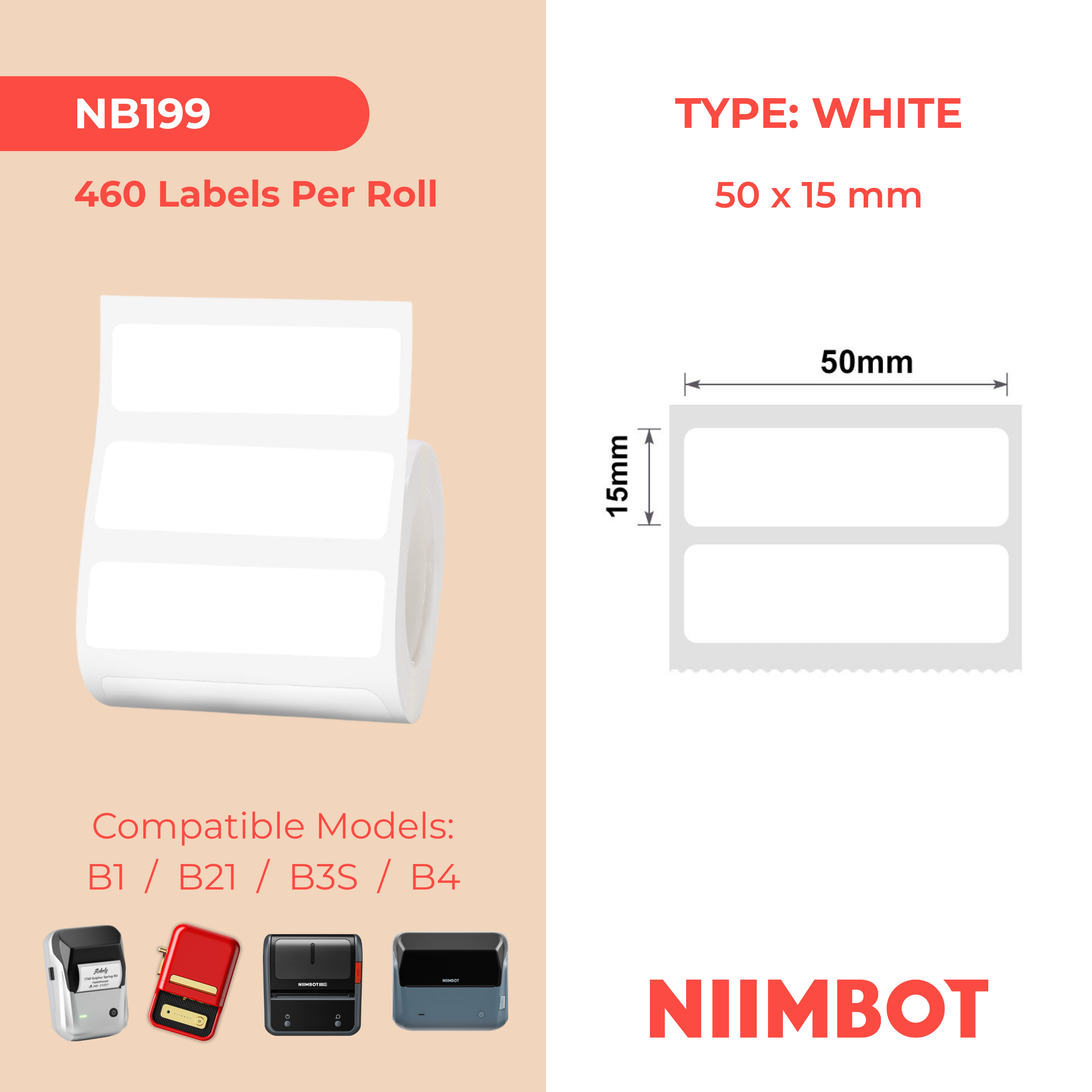NB199 - Niimbot - B1 / B21 / B3S / B4 - 50x15mm/2 Rows - 460 White Labels
