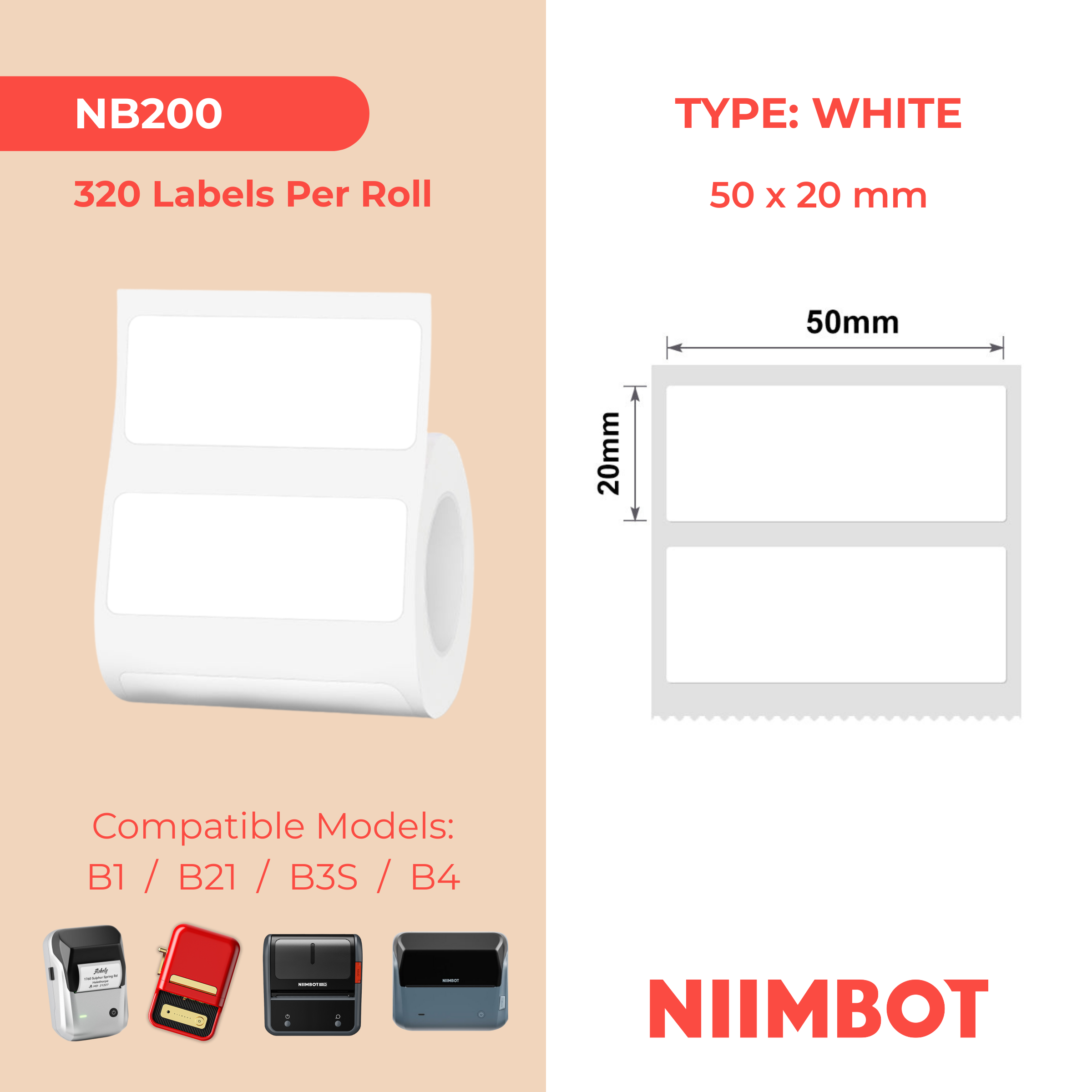NB200 - Niimbot - B1 / B21 / B3S / B4 - 50x20mm - 320 White Labels