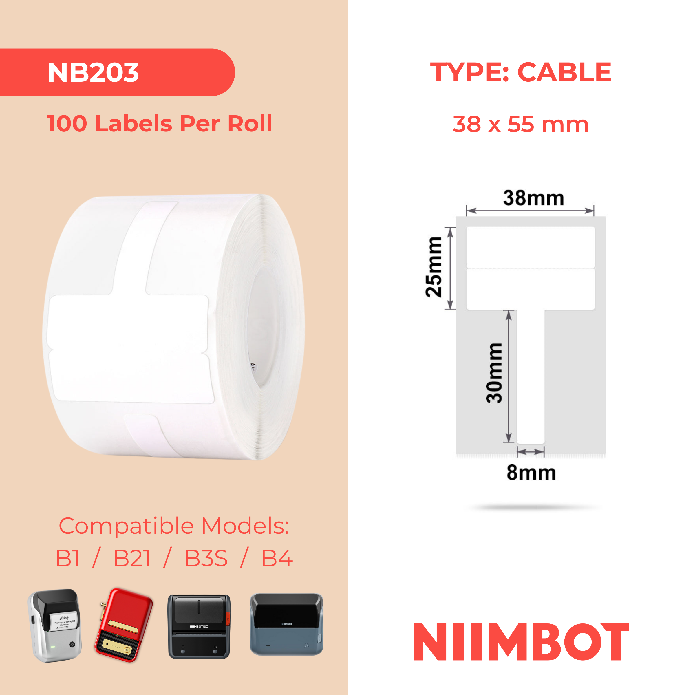 NB203 - Niimbot - B1 / B21 / B3S / B4 - 38x55mm - 130 White Cable Labels