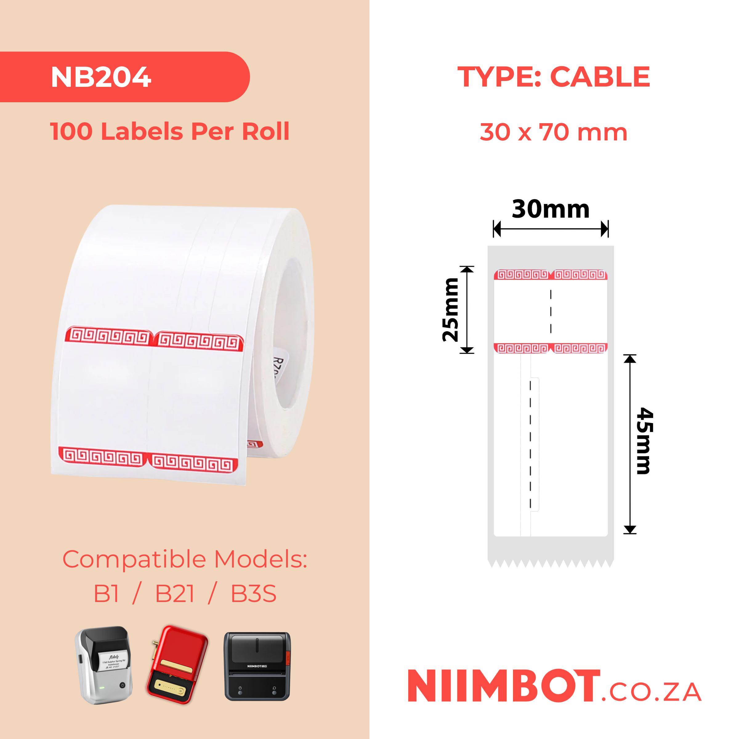 NB204 - NIIMBOT - B1 / B21 / B3S / B4 - 30X70MM - RING - 100 LABELS PER ROLL - RED BORDER DESIGN