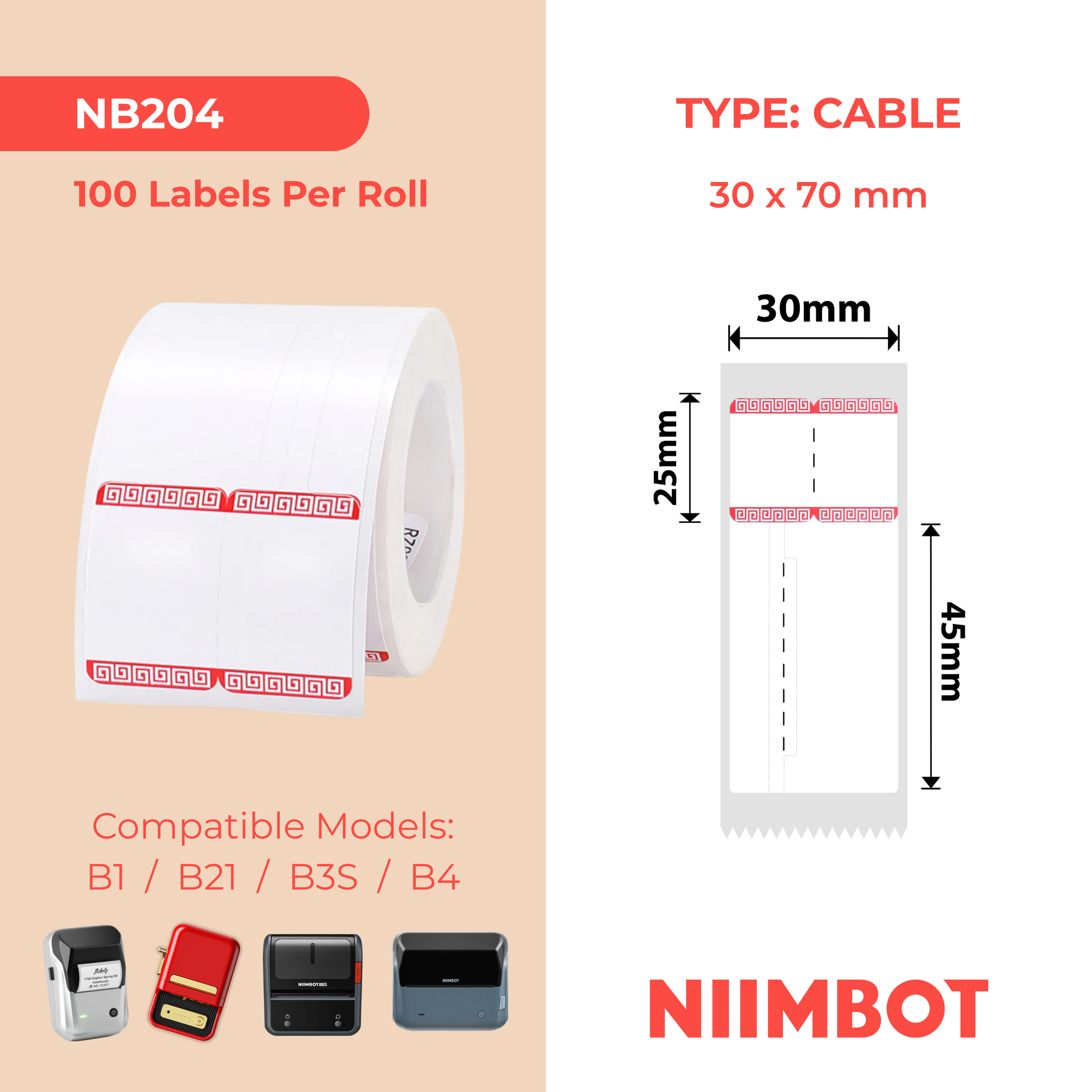 NB204 - Niimbot - B1 / B21 / B3S / B4 - 30x70mm - 100 Red Border Jewellery Labels