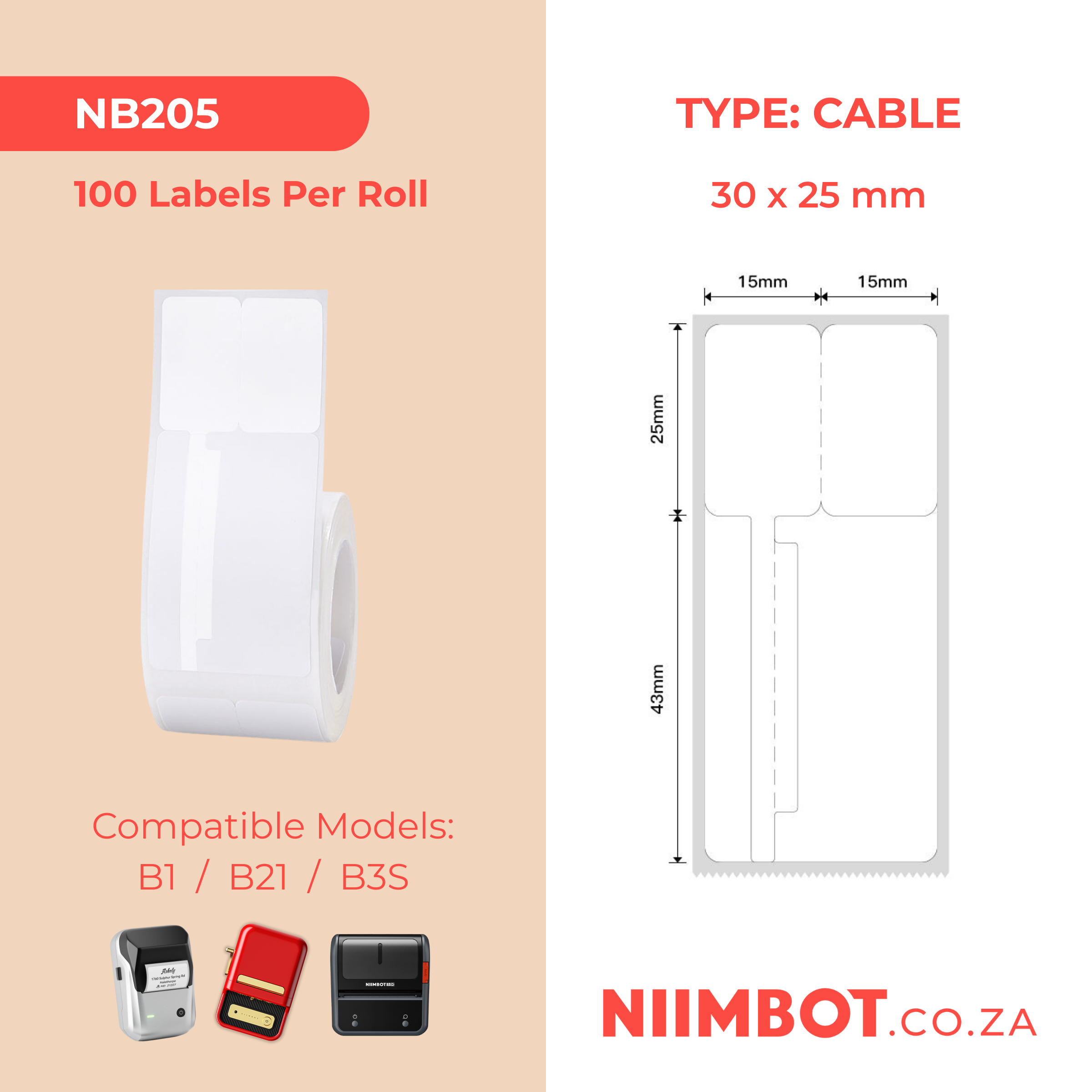 NB205 - NIIMBOT - B1 / B21 / B3S / B4 - T30X70MM (30X25+45) - 100 LABELS PER ROLL - WHITE - CABLE
