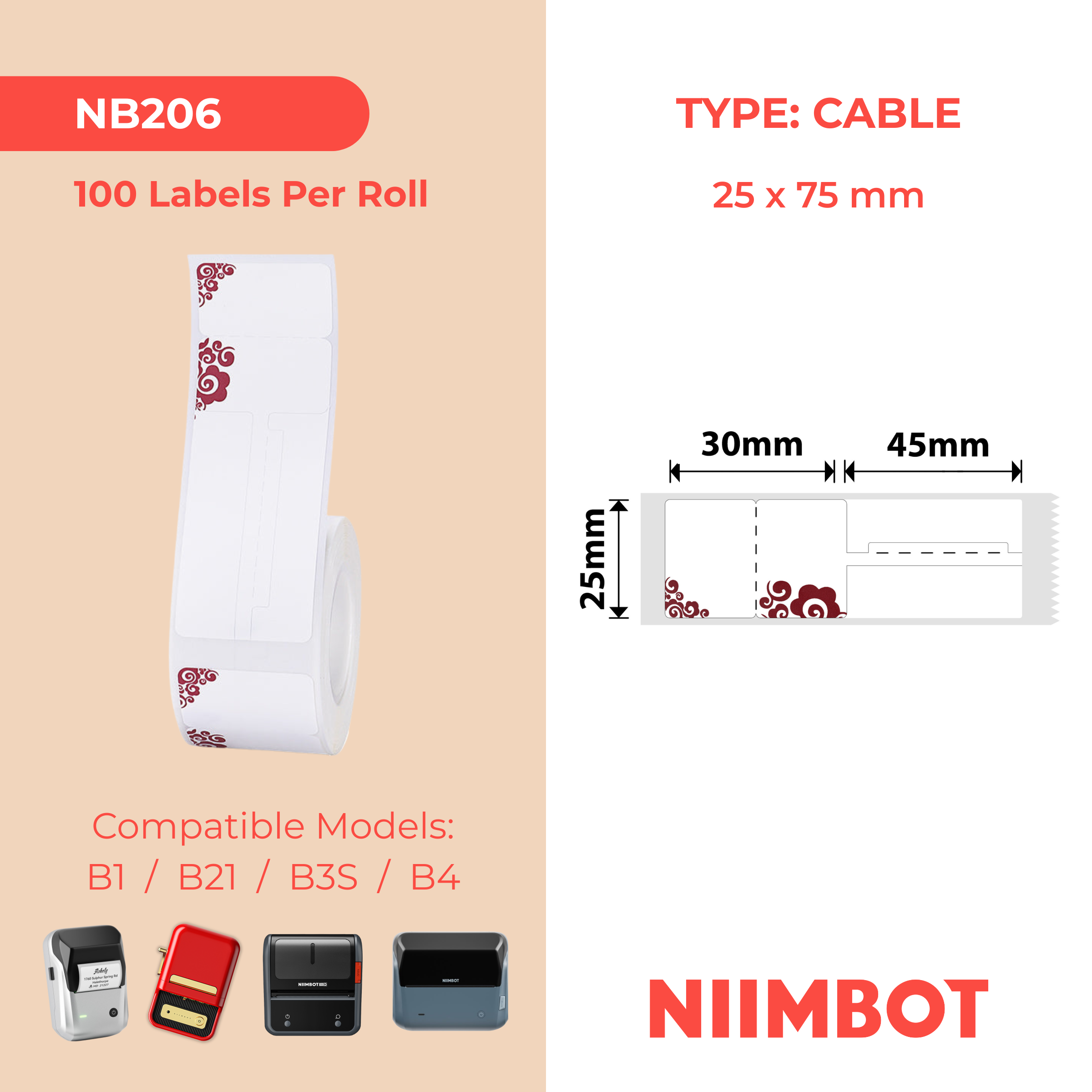NB206 - Niimbot - B1 / B21 / B31 / B3S / B4 - 25x75mm - 100 Red Cloud Jewellery Labels