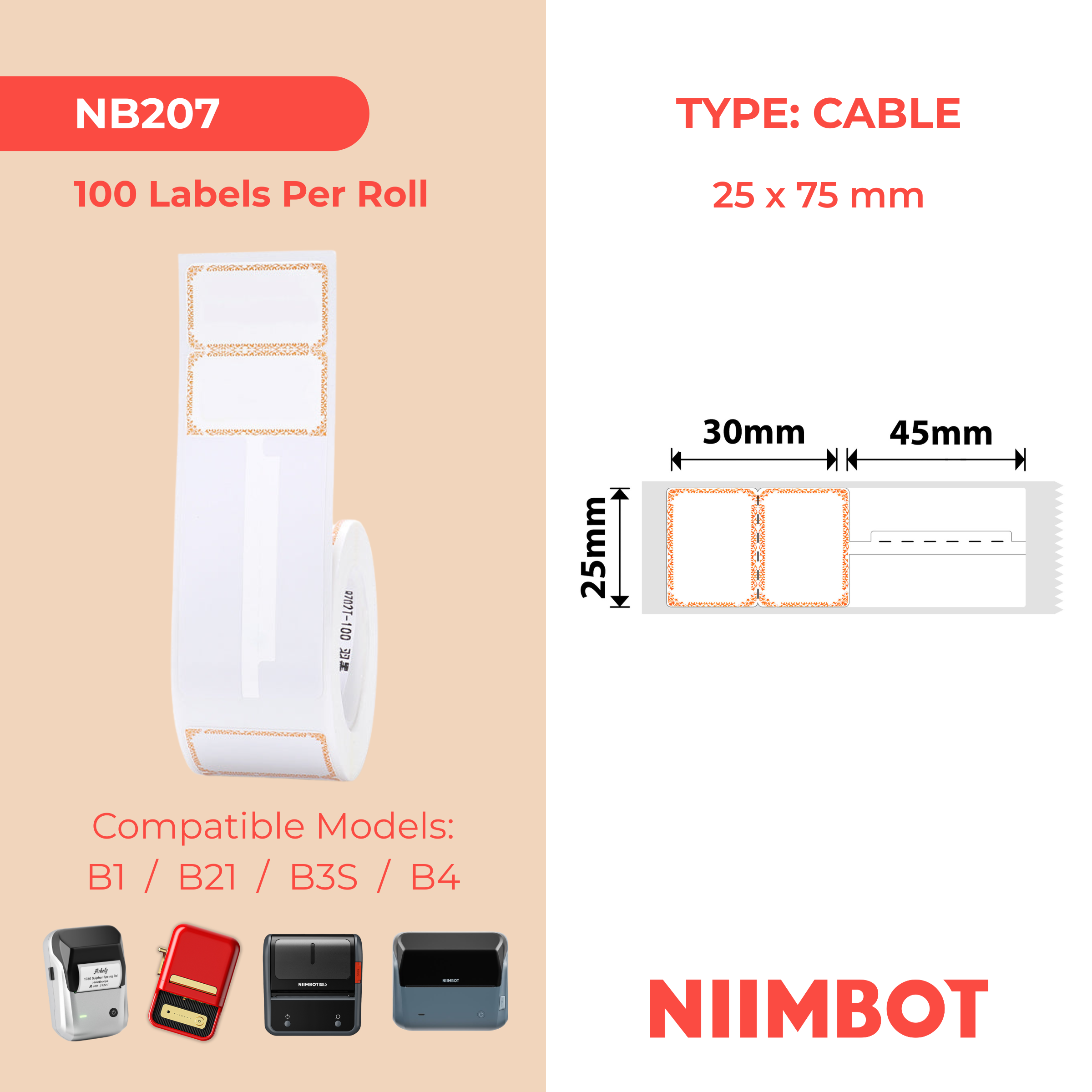 NB207 - Niimbot - B1 / B21 / B31 / B3S / B4 - 25x75mm - 100 Orange Border Jewellery Labels
