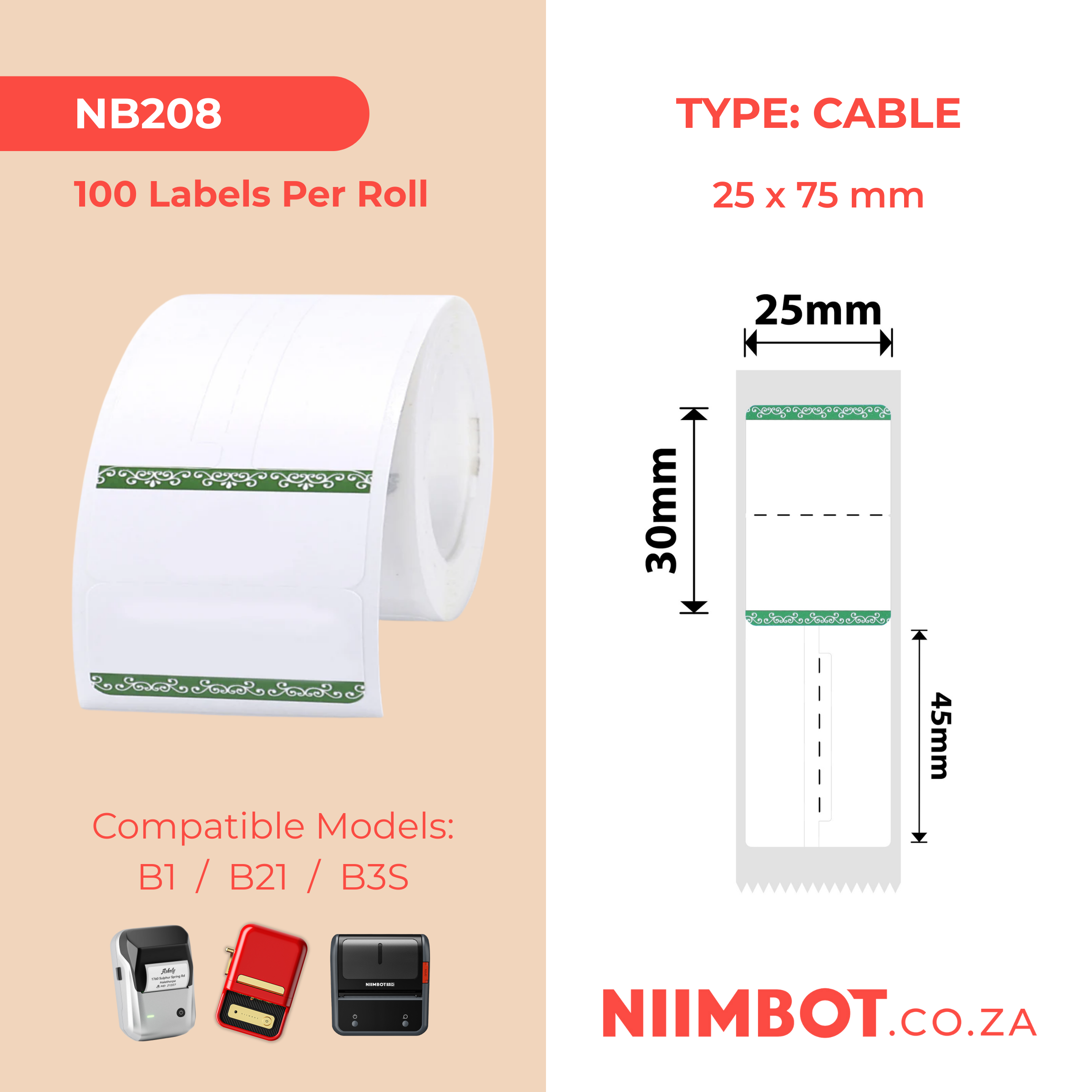 NB208 - NIIMBOT - B1 / B21 / B3S / B4 - 25X30+45MM - RING - 100 LABELS PER ROLL - GREEN BORDER DESIGN
