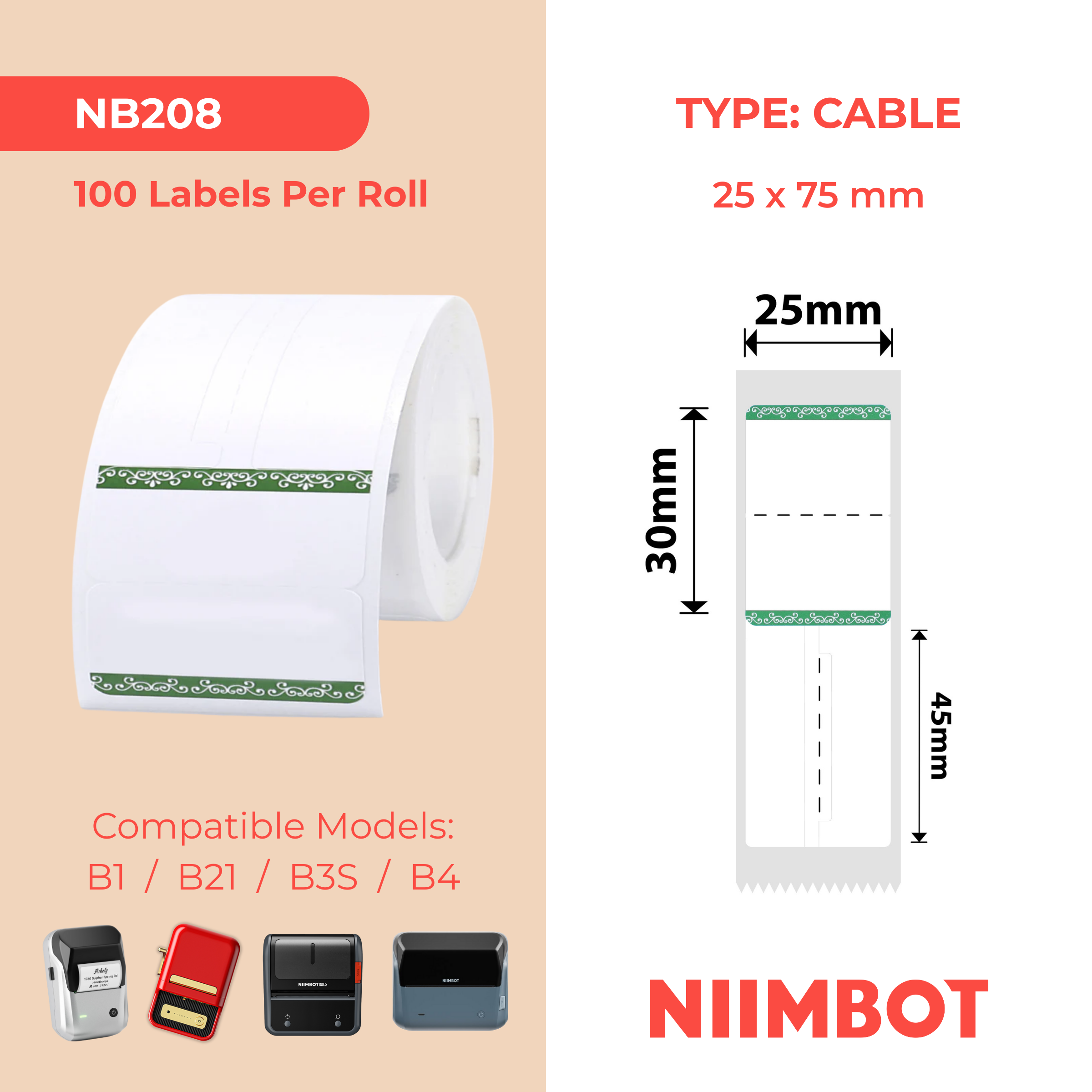 NB208 - Niimbot - B1 / B21 / B31 / B3S / B4 - 25x75mm - 100 Green Border Jewellery Labels