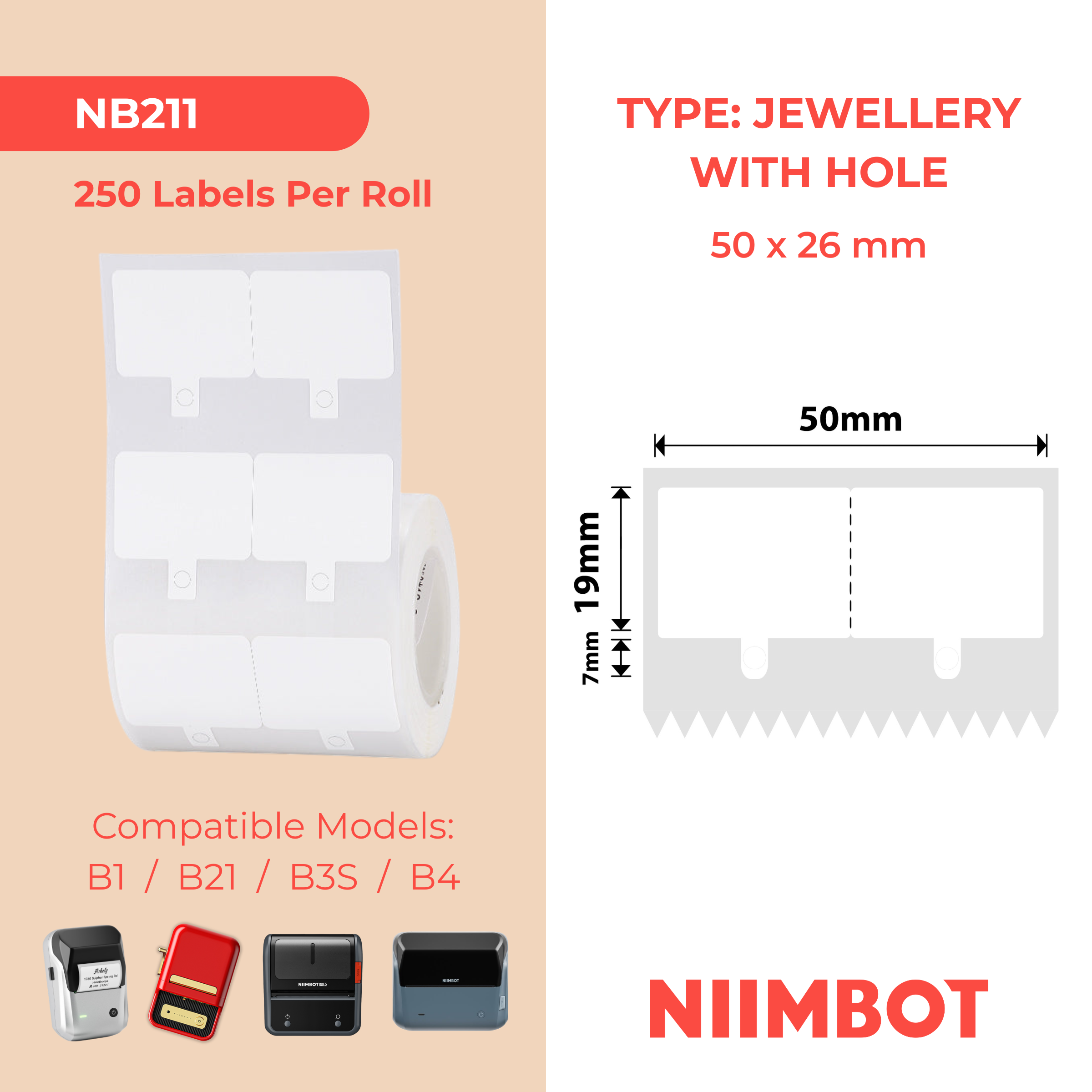 NB211 - Niimbot - B1 / B21 / B31 / B3S / B4 - 50x26mm - 250 White Jewellery Labels With Hole