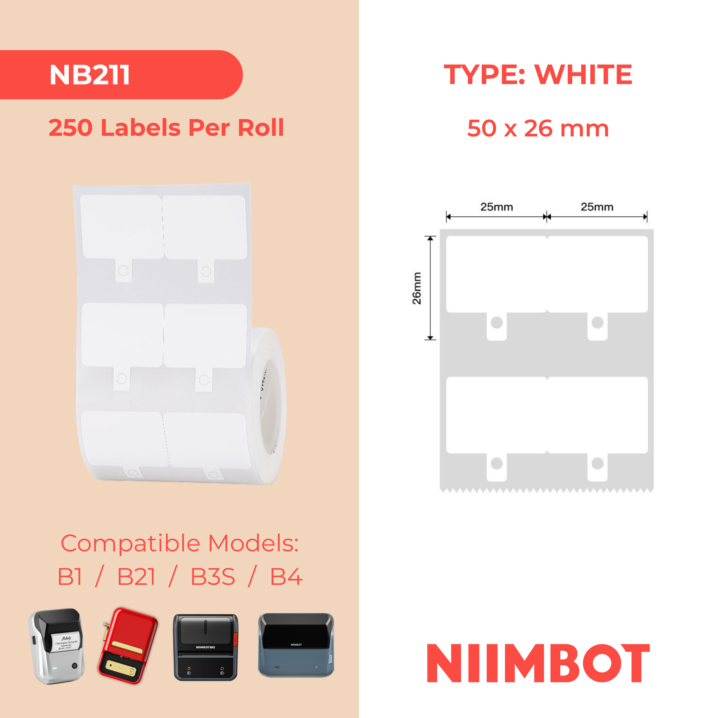NB211 - NIIMBOT - B1 / B21 / B3S / B4 - 50X26MM - 250 LABELS PER ROLL - WHITE WITH HOLE