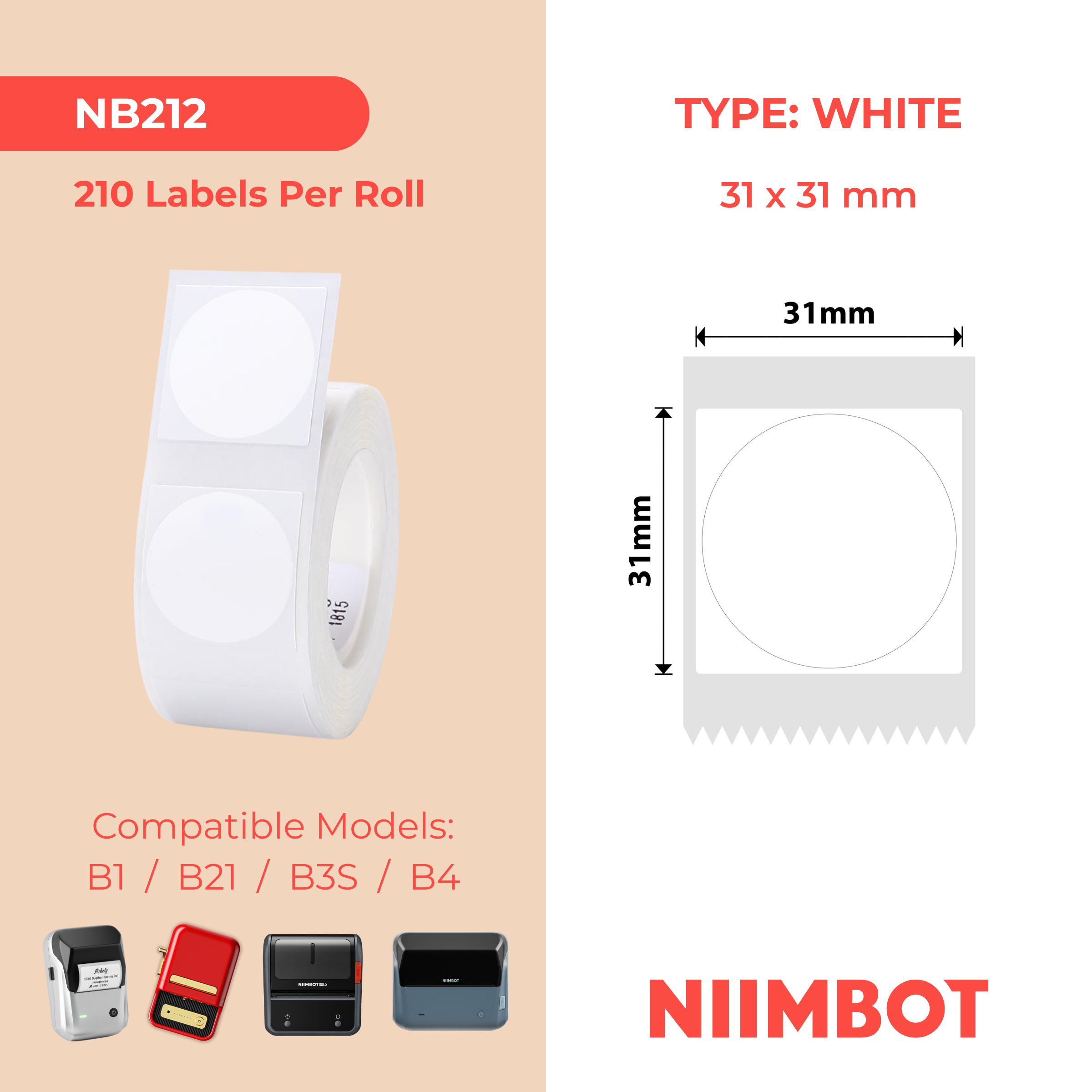 NB212 - Niimbot - B1 / B21 / B3S / B4 - 31x31mm - 210 White Round Labels