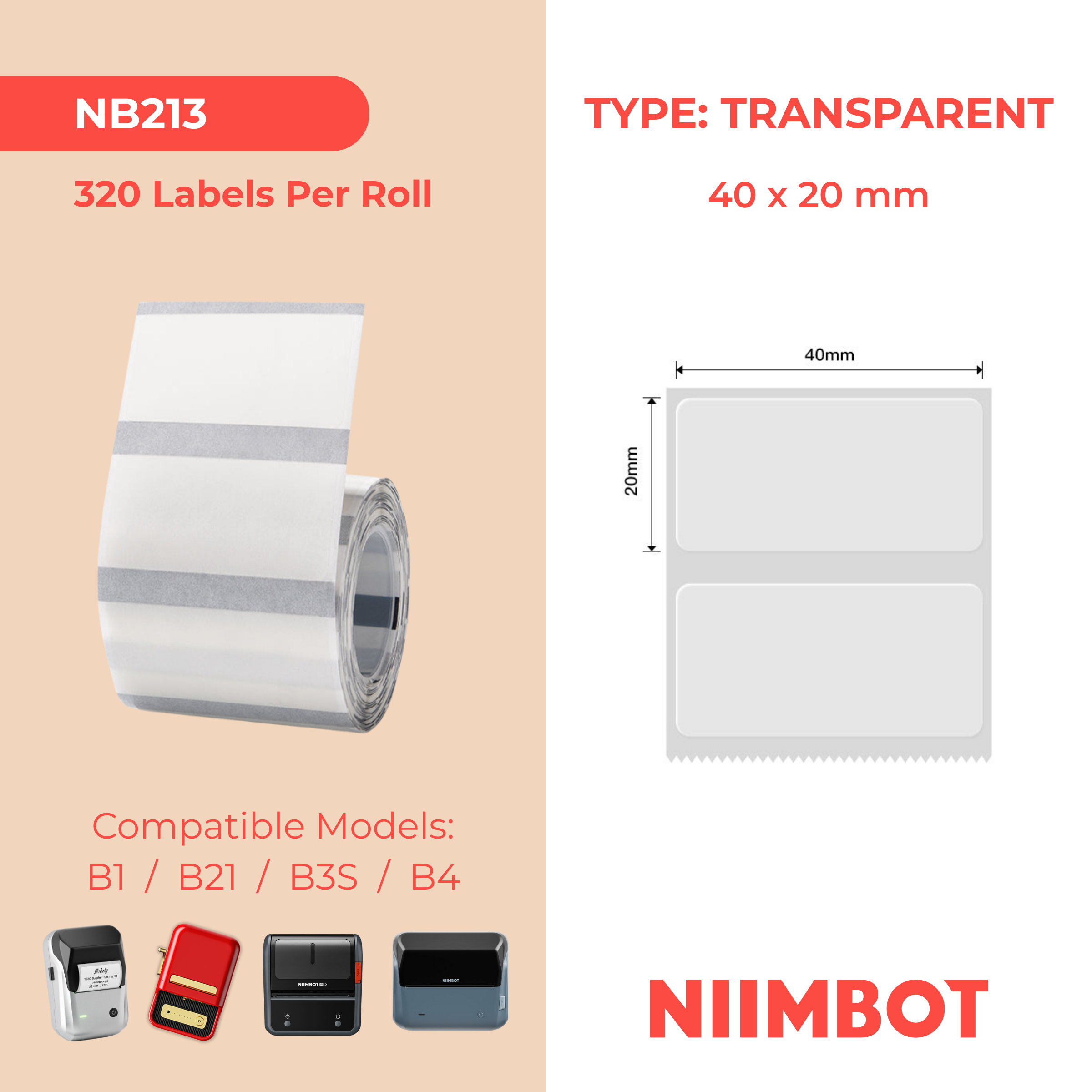 NB213 - Niimbot - B1 / B21 / B31 / B3S / B4 - 40x20mm - 320 Transparent Labels