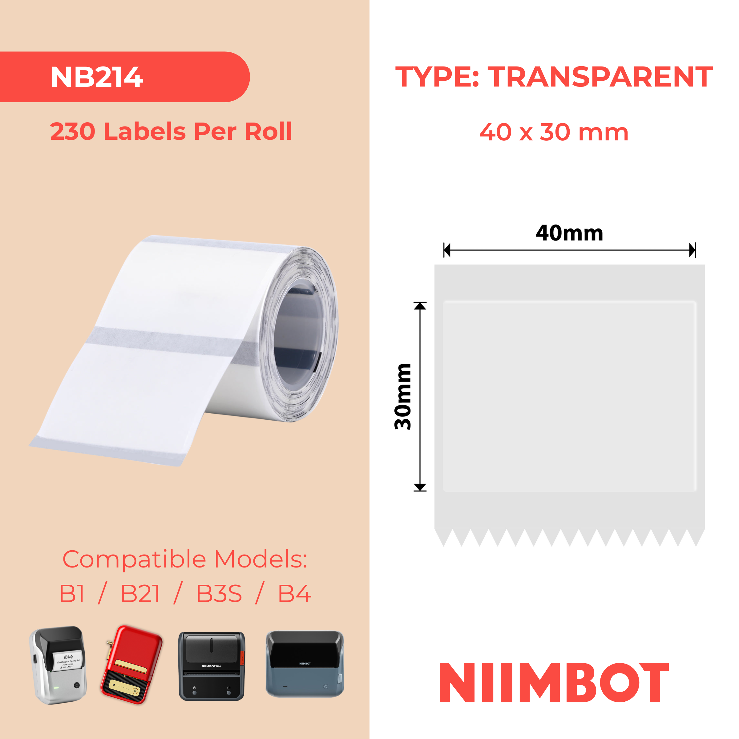 NB214 - Niimbot - B1 / B21 / B3S / B4 - 40x30mm - 230 Transparent Labels