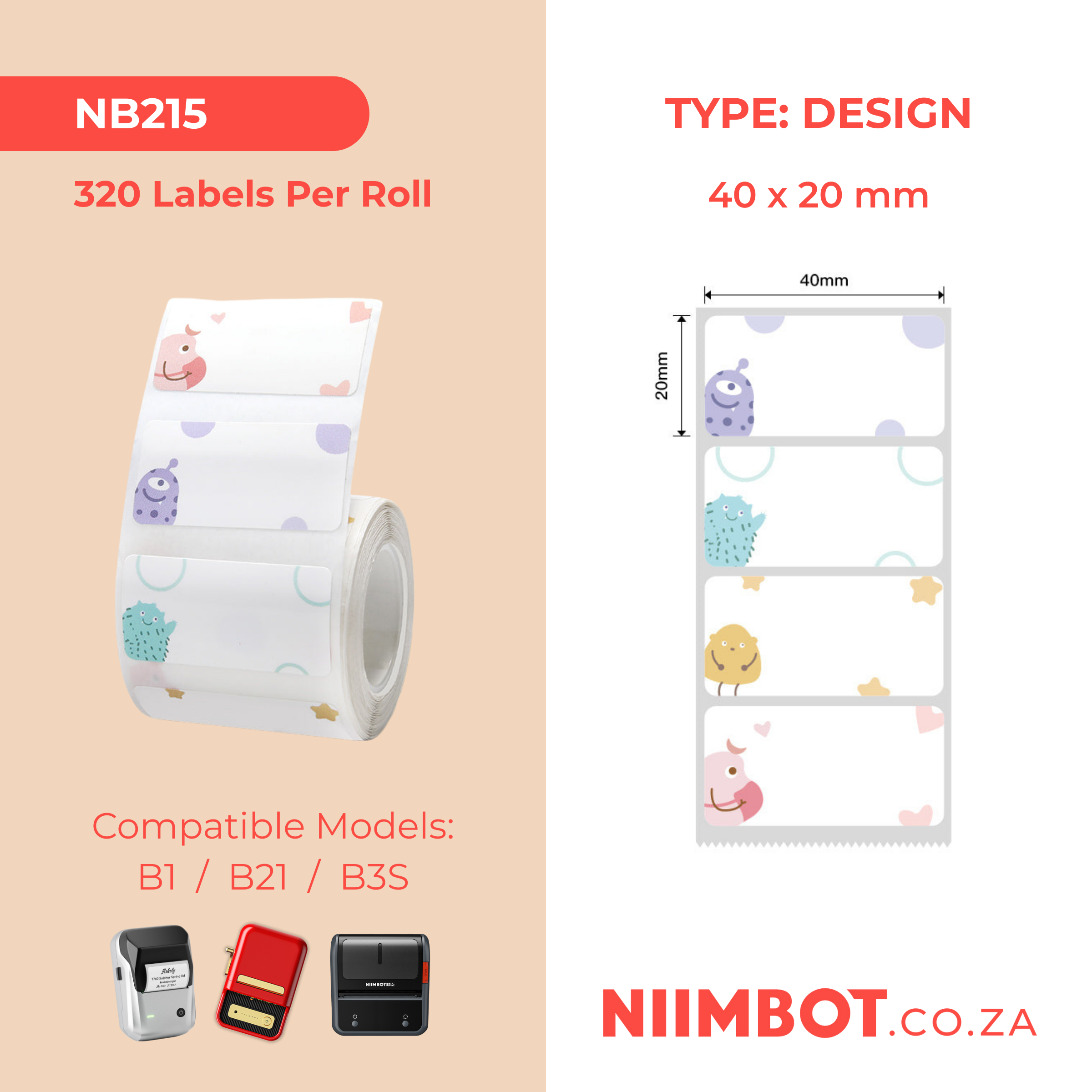 NB215 - NIIMBOT - B1 / B21 / B3S / B4 - T40X20MM - 320 LABELS PER ROLL - MONSTER DESIGN
