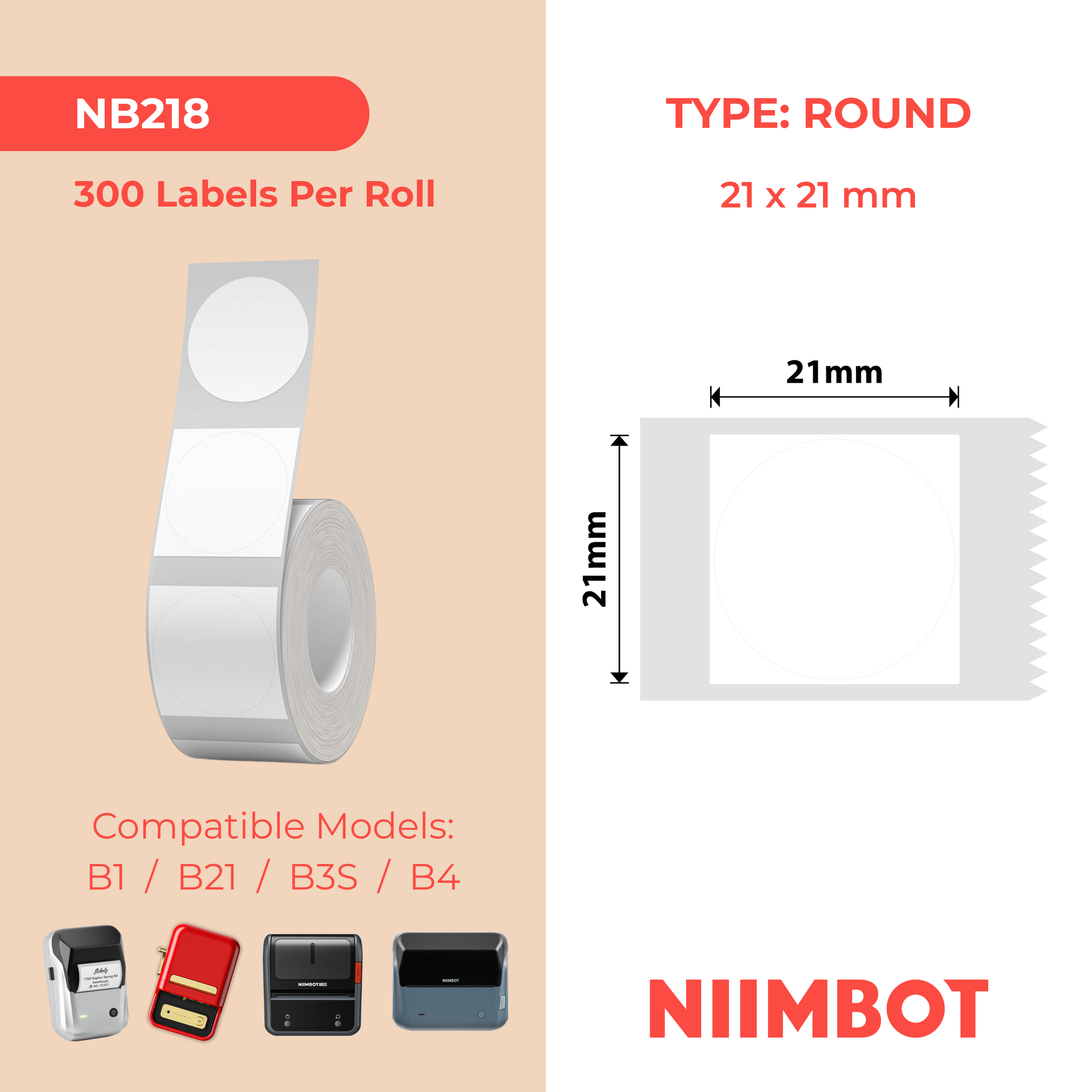 NB218 - Niimbot - B1 / B21 / B31 / B3S / B4 - 21x21mm - 300 White Round Labels