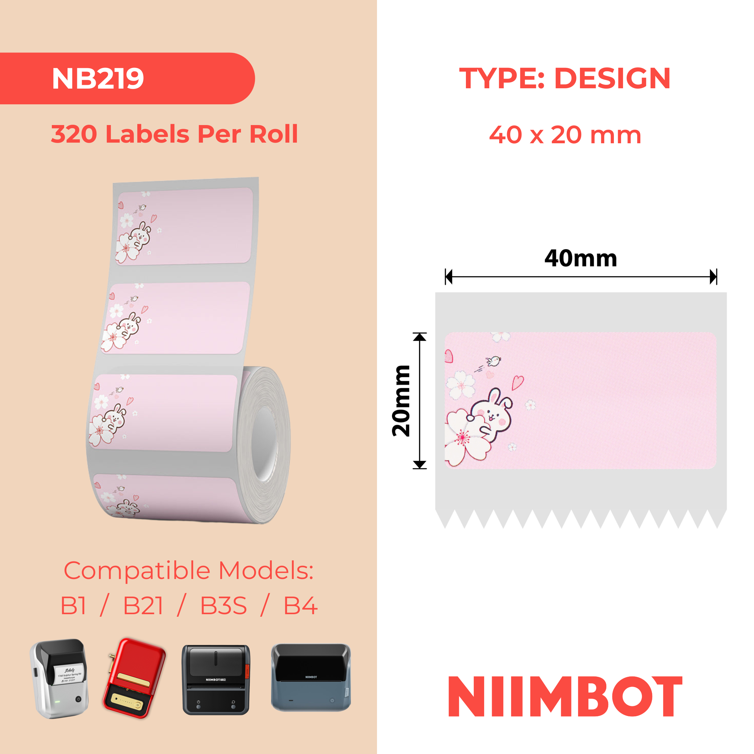 NB219 - Niimbot - B1 / B21 / B31 / B3S / B4 - 40x20mm - 320 Pink Rabbit Labels