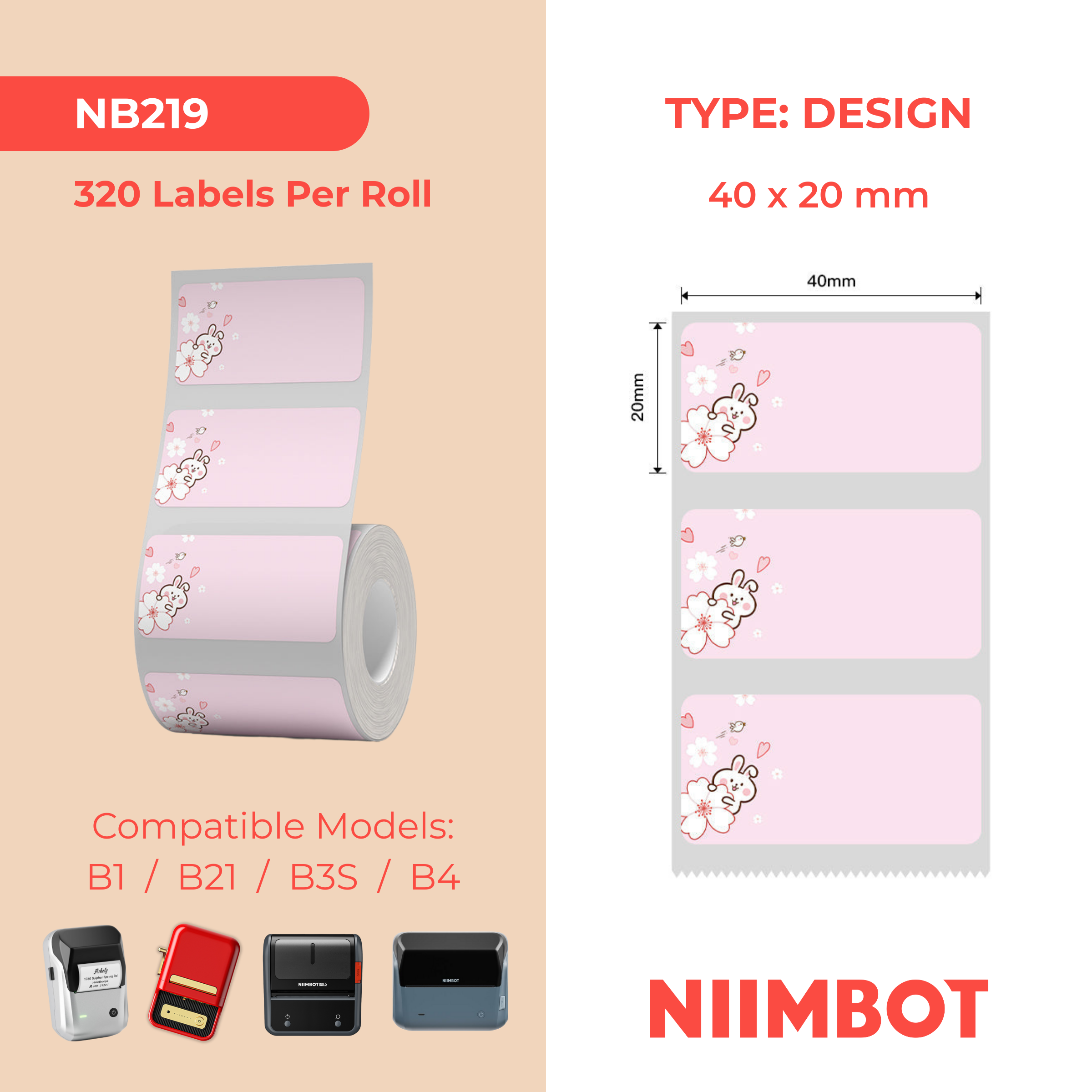 NB219 - NIIMBOT - B1 / B21 / B3S / B4 - 40X20MM - 320 THERMAL LABELS - PINK RABBIT DESIGN