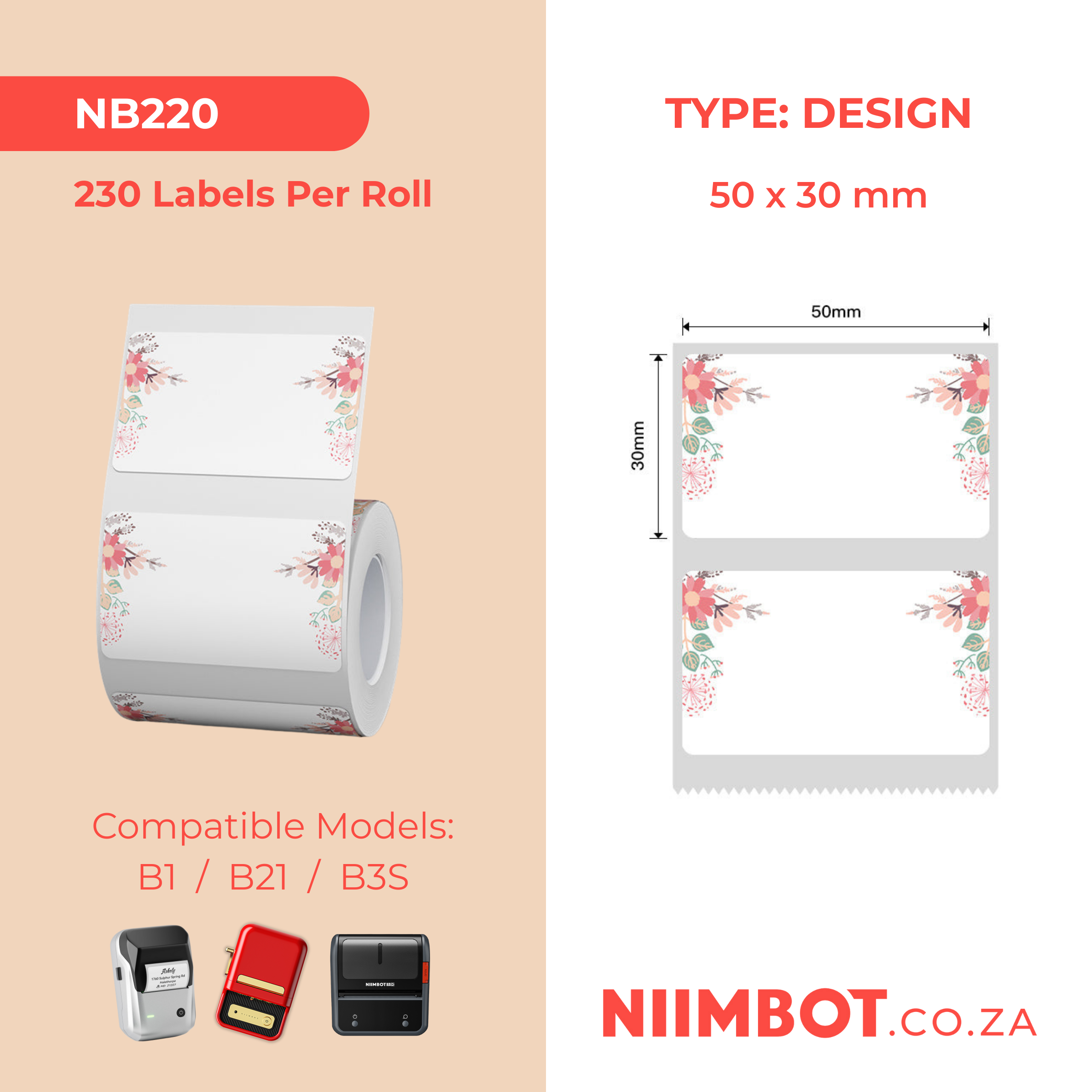 NB220 - NIIMBOT - B1 / B21 / B3S / B4 - 50X30MM - 230 LABELS PER ROLL - SPRING DESIGN