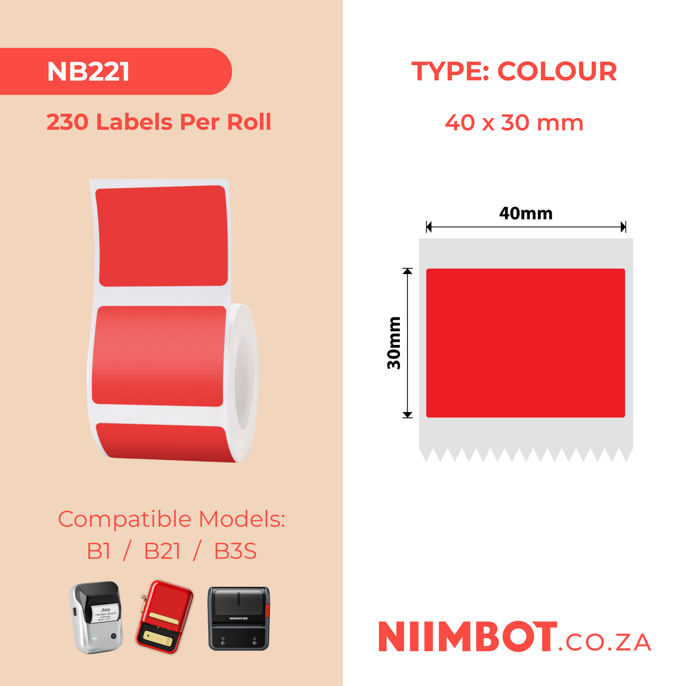 NB221 - NIIMBOT - B1 / B21 / B3S / B4 - T40X30MM - 230 LABELS PER ROLL - SOLID - RED