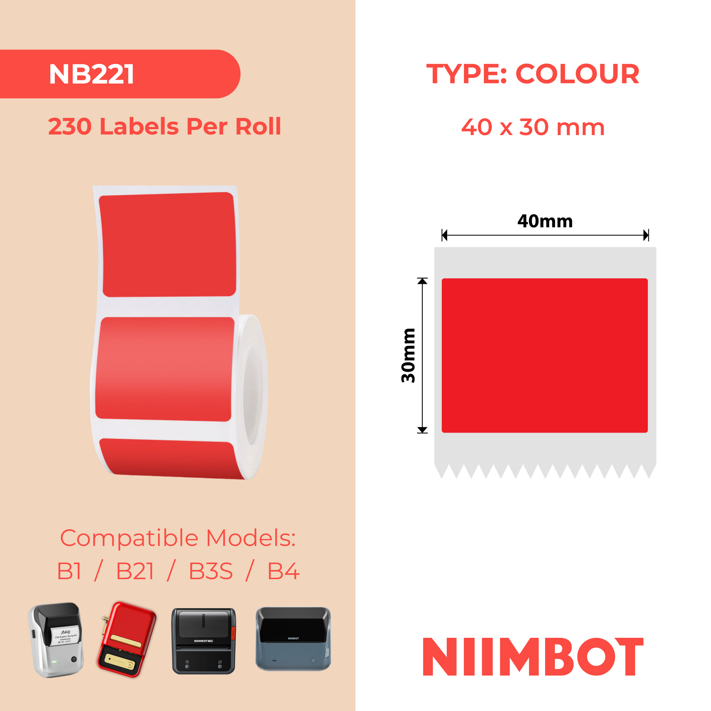 NB221 - Niimbot - B1 / B21 / B3S / B4 - 40x30mm - 230 Red Labels