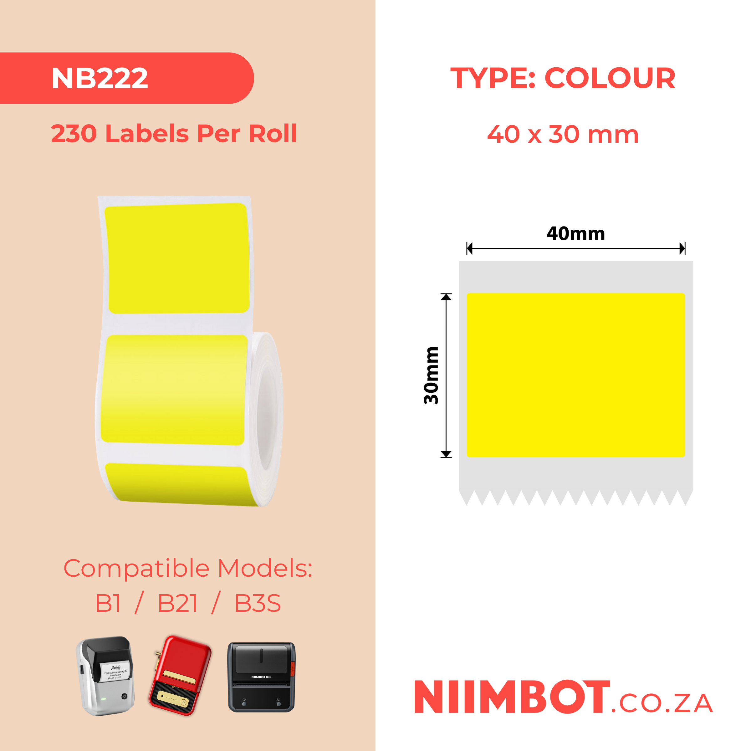 NB222 - NIIMBOT - B1 / B21 / B3S / B4 - 30X40MM - 230 LABELS PER ROLL - SOLID - YELLOW