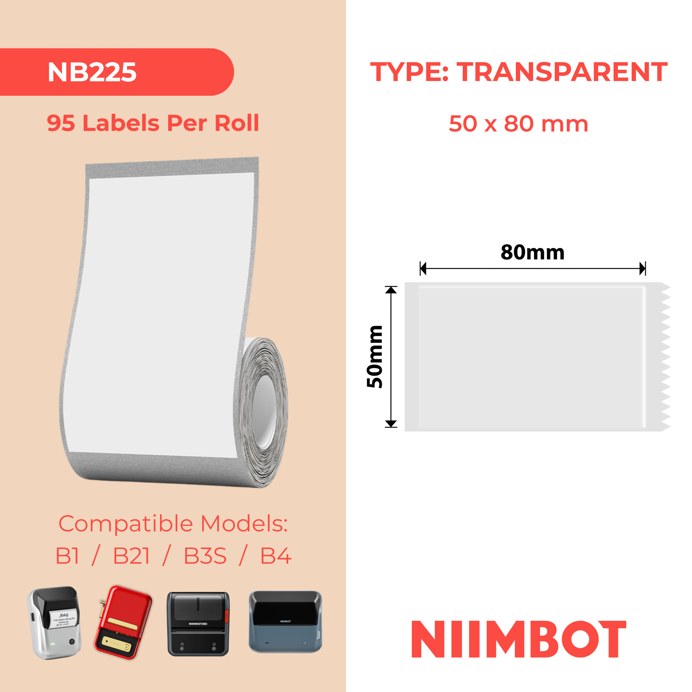 NB225 - Niimbot - B1 / B21 / B31 / B3S / B4 - 50x80mm - 95 Transparent Labels