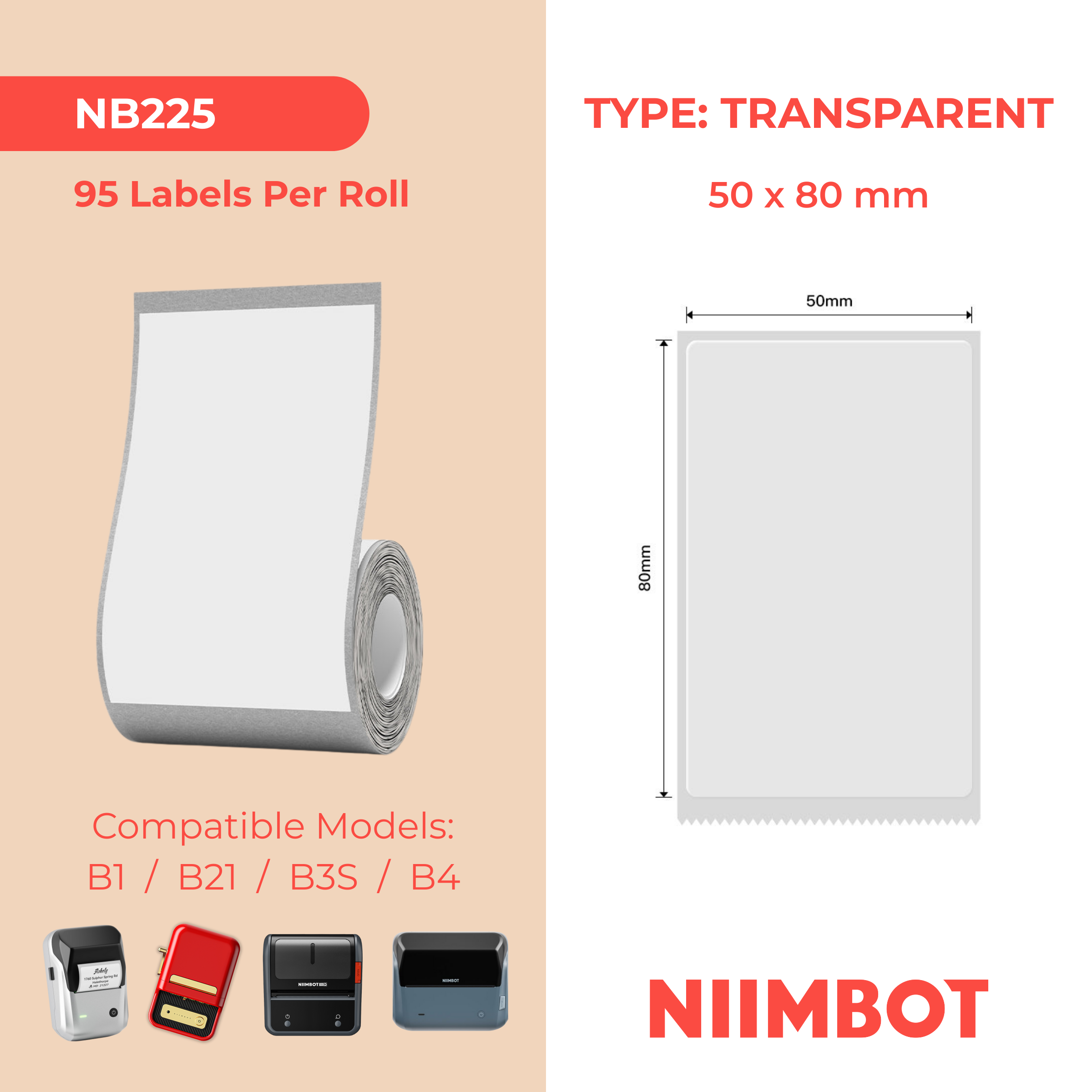 NB225 - NIIMBOT - B1 / B21 / B3S / B4 - TT50X80MM - 95 LABELS PER ROLL - TRANSPARENT