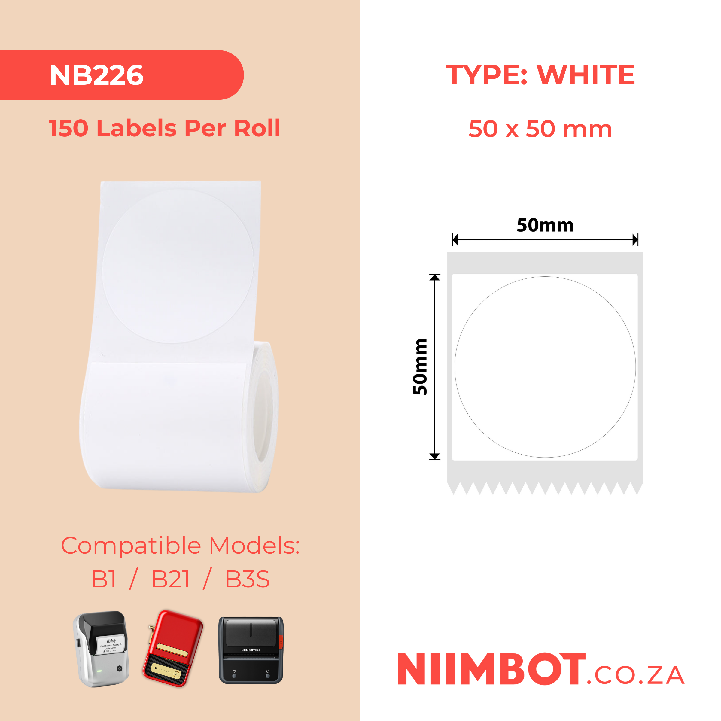NB226 - NIIMBOT - B1 / B21 / B3S / B4 - T50X50MM - ROUND - 150 LABELS PER ROLL - WHITE