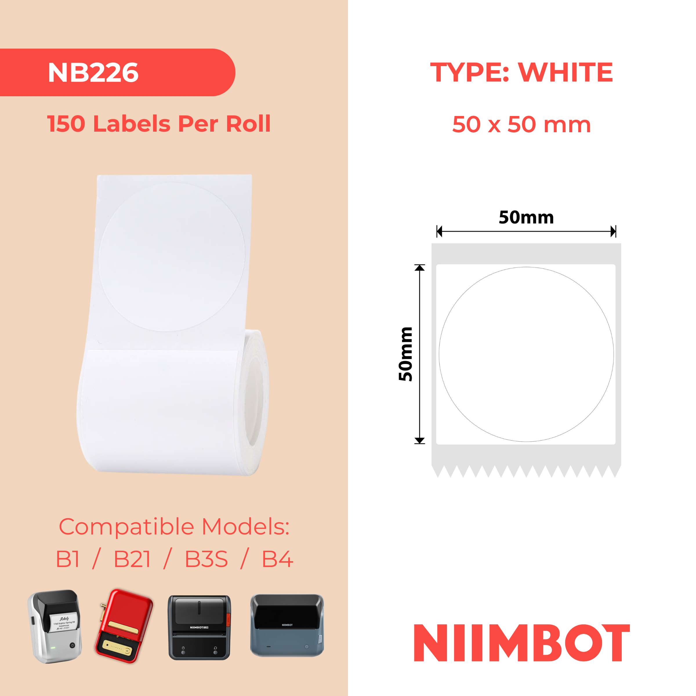 NB226 - Niimbot - B1 / B21 / B3S / B4 - 50x50mm - 150 White Round Labels