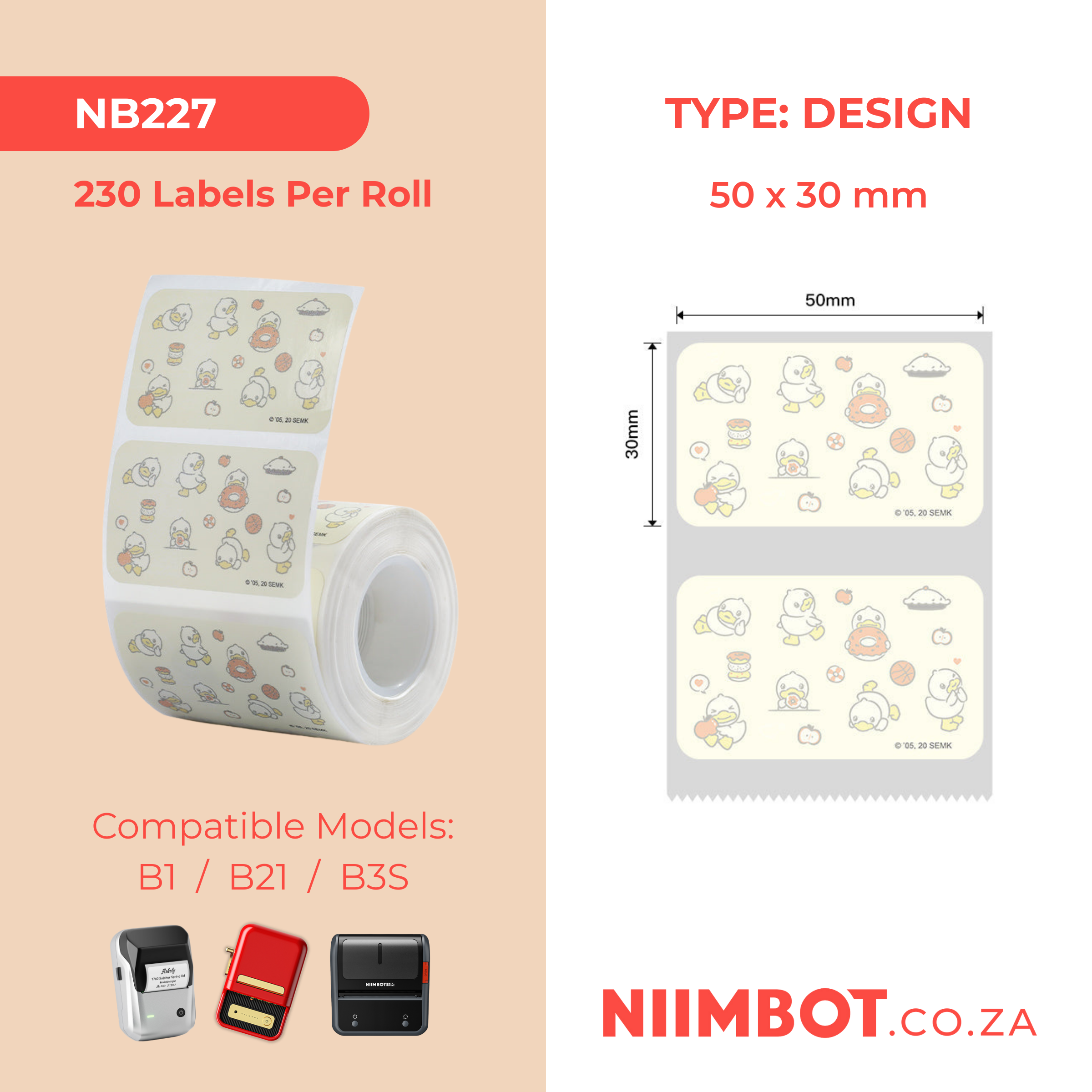 NB227 - NIIMBOT - B1 / B21 / B3S / B4 - 50X30MM - 230 LIGHT YELLOW THERMAL LABELS - DUCK DESIGN