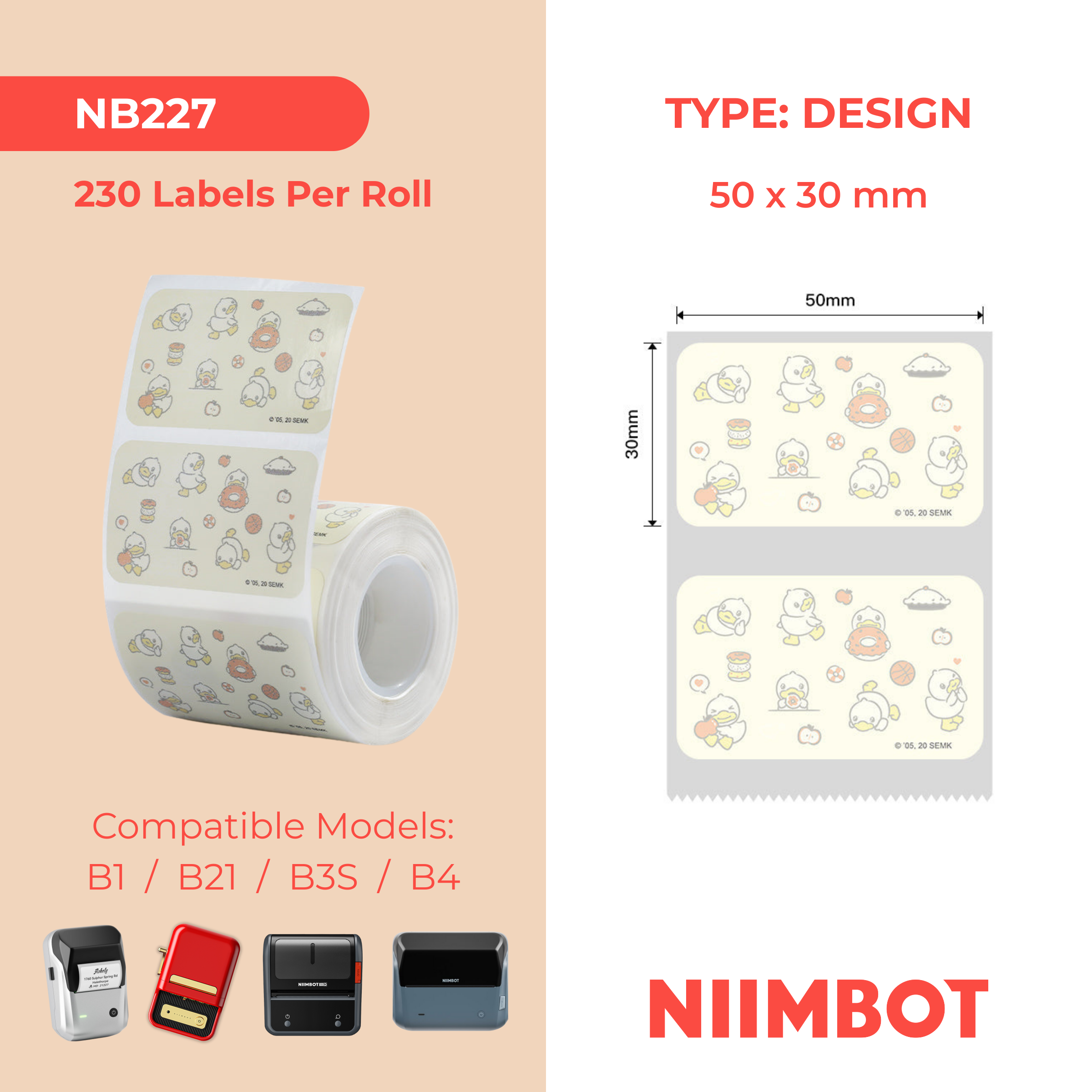 NB227 - NIIMBOT - B1 / B21 / B3S / B4 - 50X30MM - 230 LIGHT YELLOW THERMAL LABELS - DUCK DESIGN