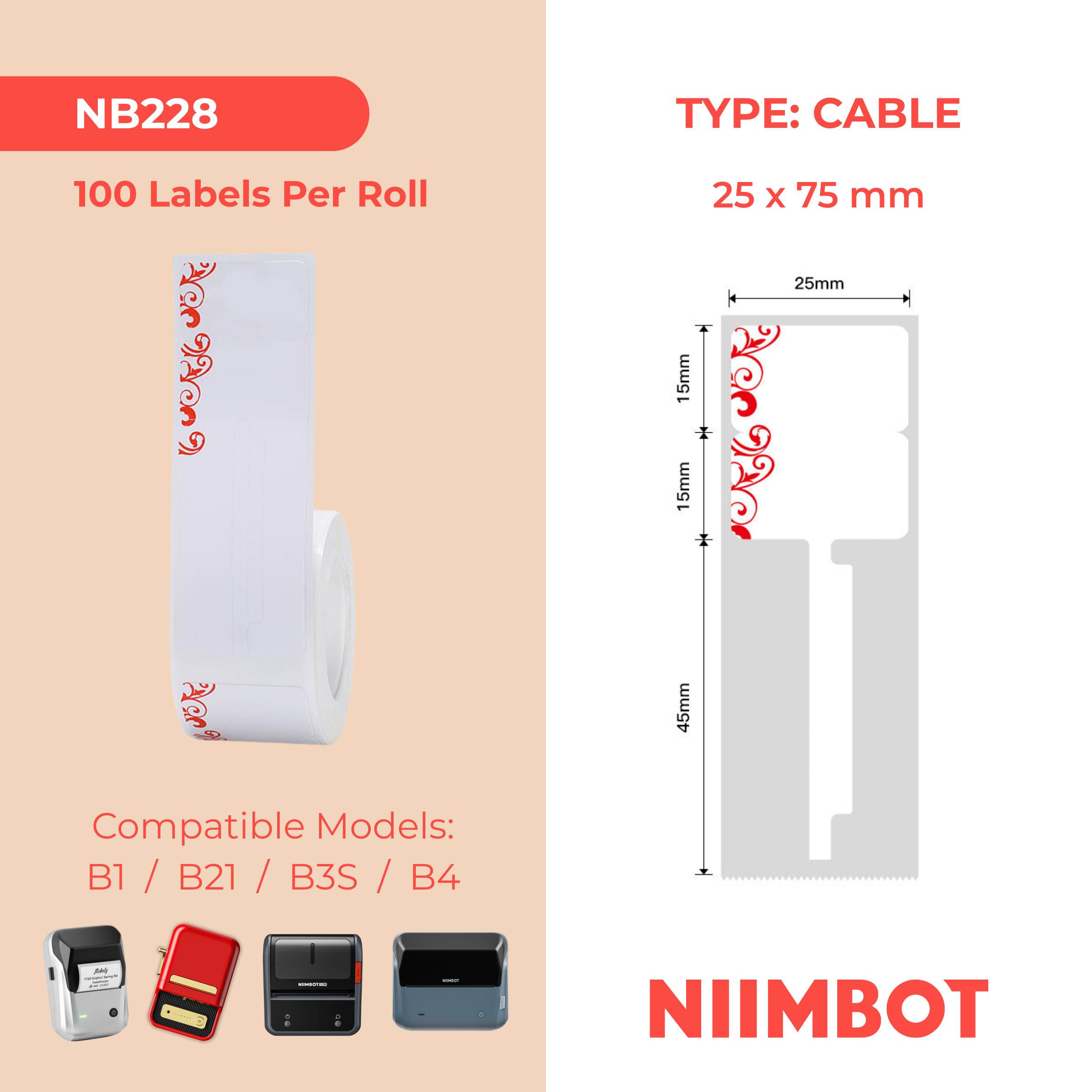 NB228 - NIIMBOT - B1 / B21 / B3S / B4 - R02T - 25X75MM (25x30+45) - 100 LABELS PER ROLL - RED PATTERN DESIGN