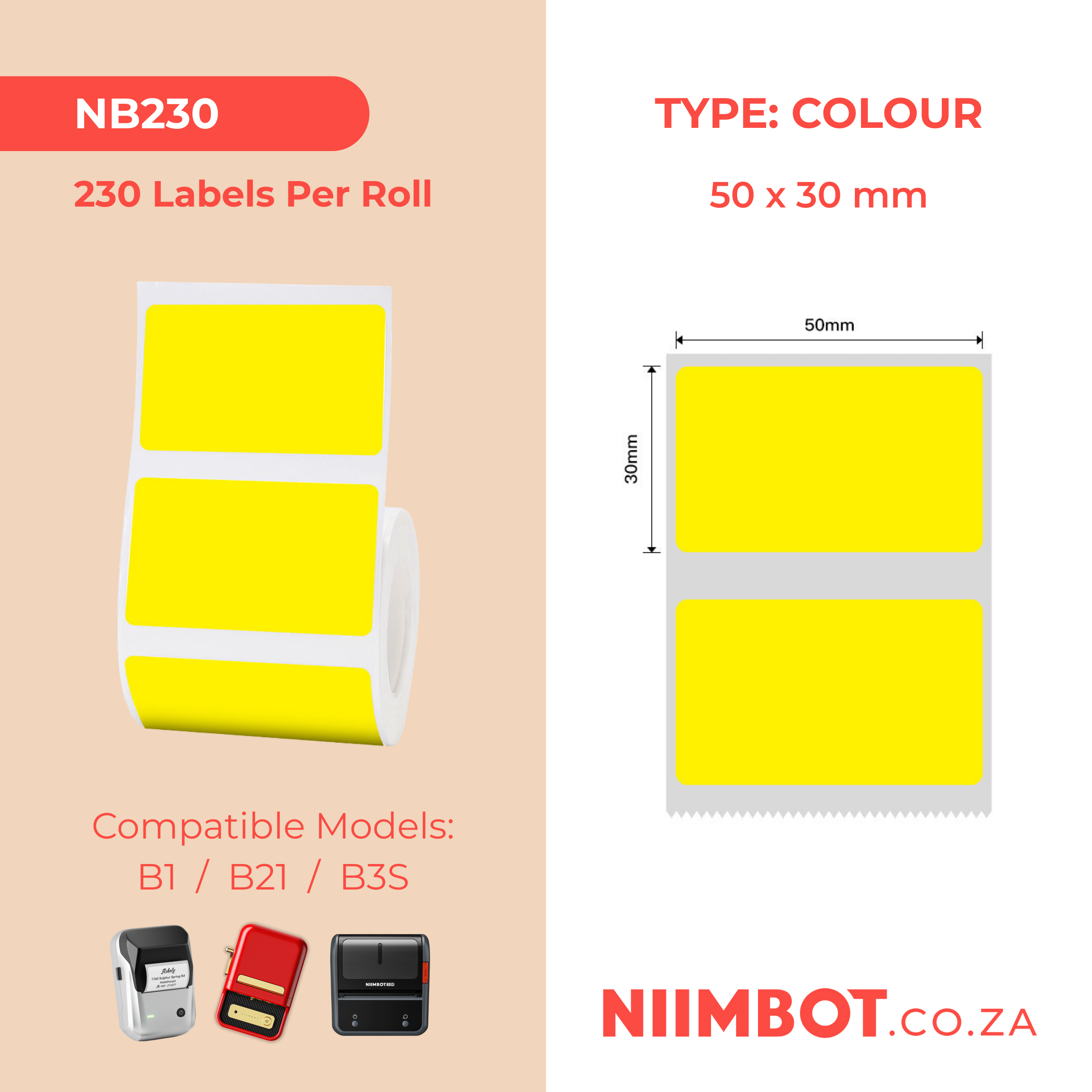 NB230 - NIIMBOT - B1 / B21 / B3S / B4 - 50X30MM - 230 YELLOW THERMAL LABELS