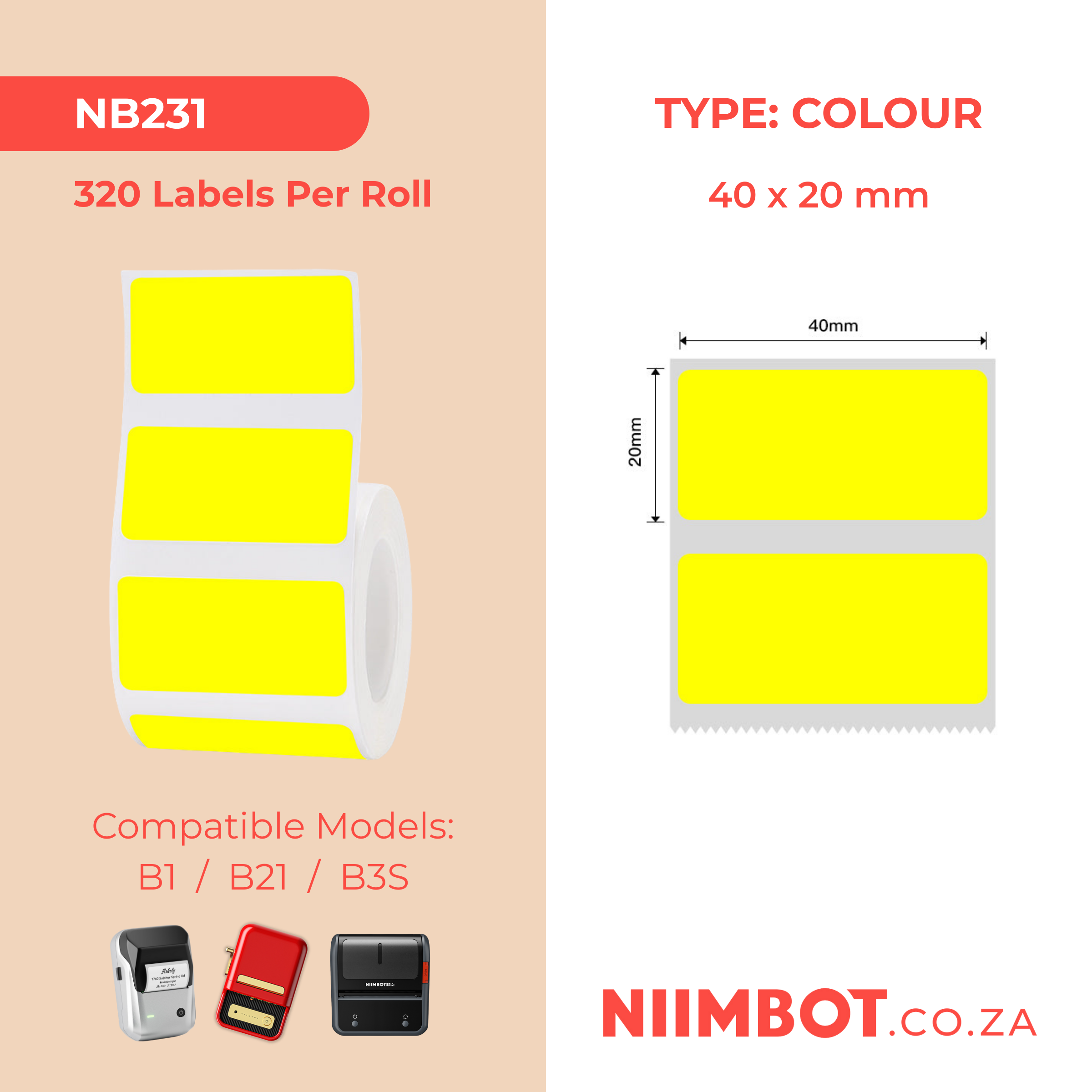 NB231 - NIIMBOT - B1 / B21 / B3S / B4 - 40X20MM - 320 YELLOW THERMAL LABELS