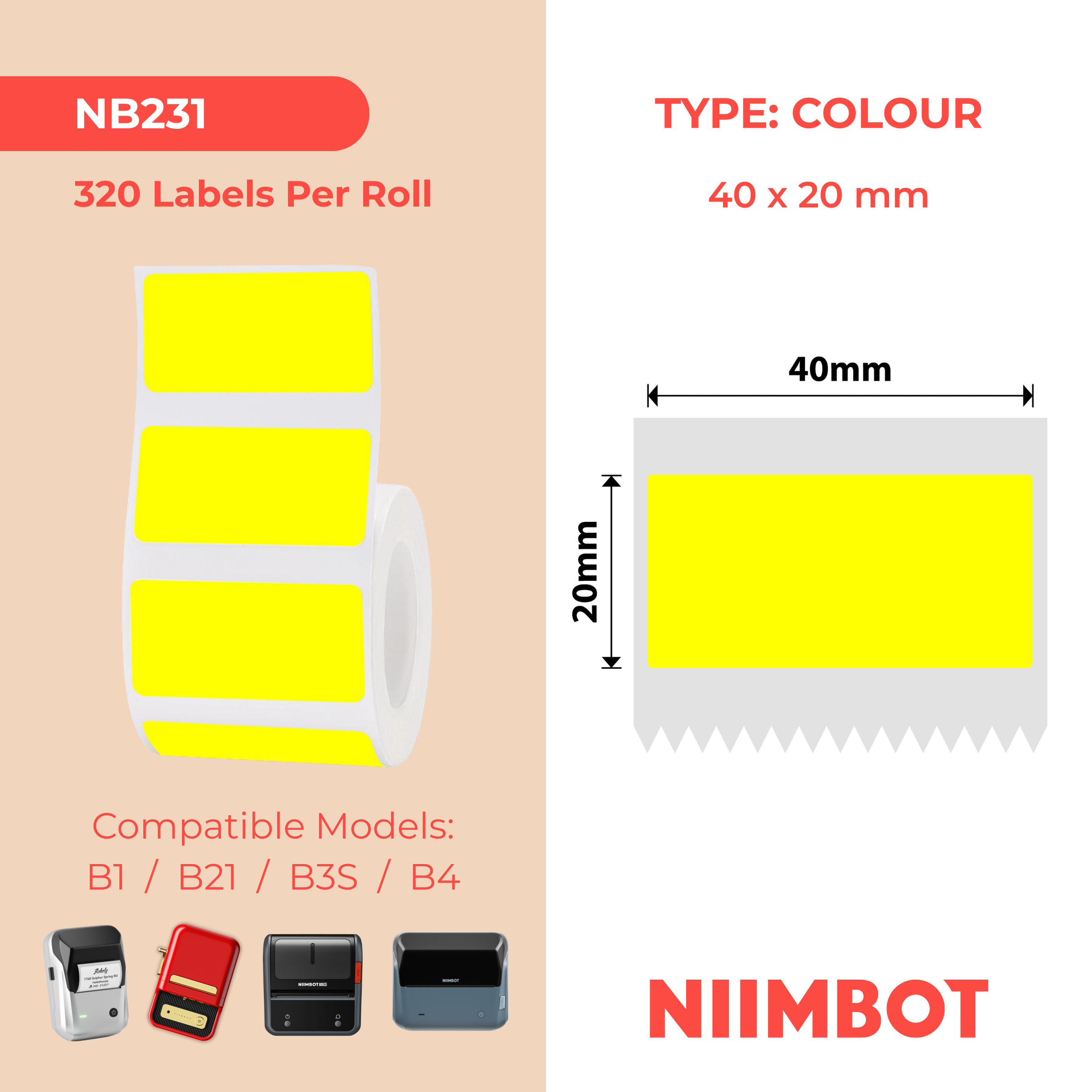 NB231 - Niimbot - B1 / B21 / B31 / B3S / B4 - 40x20mm - 320 Yellow Thermal Labels