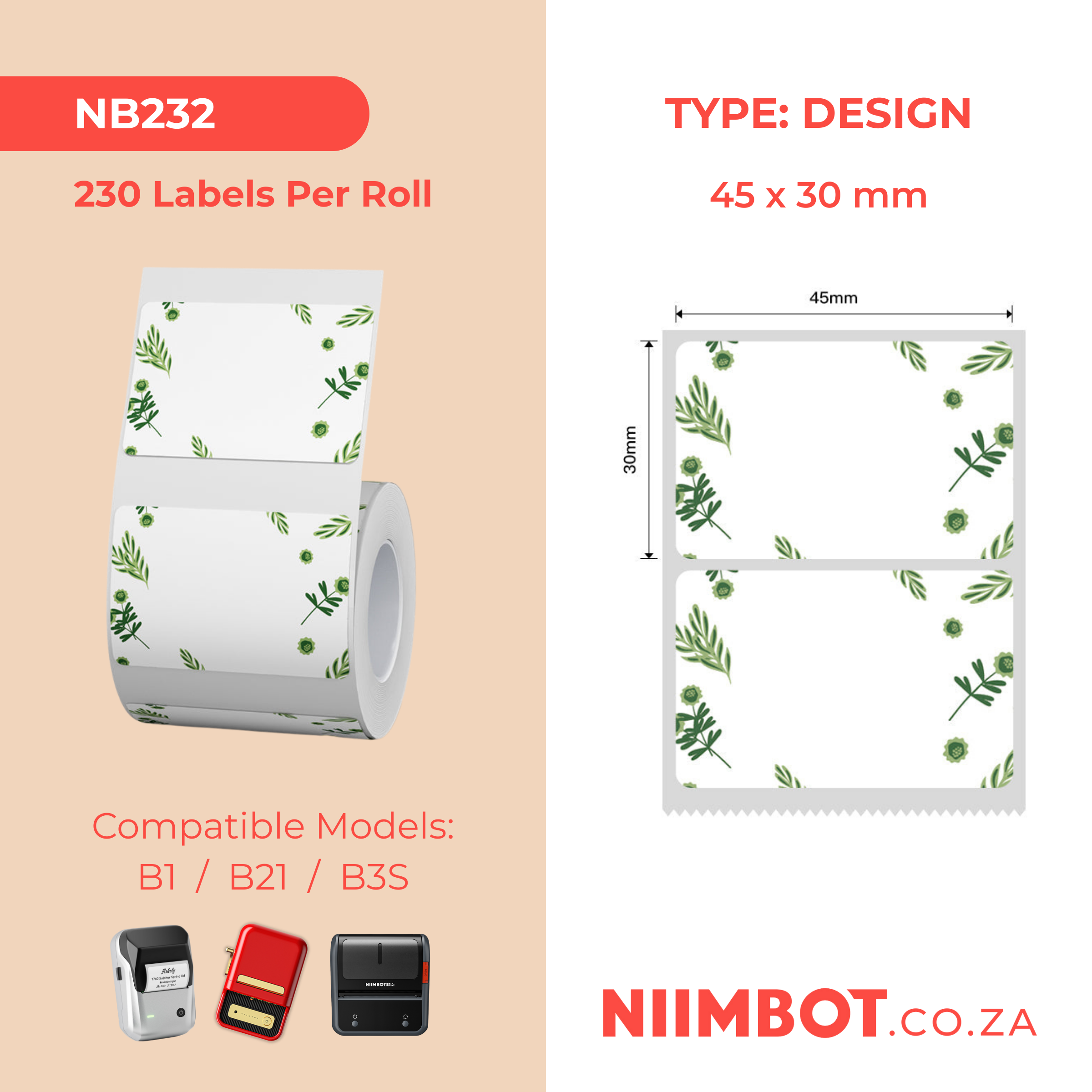 NB232 - NIIMBOT - B1 / B21 / B3S / B4 - 45X30MM - 230 LABELS PER ROLL - PLANT DESIGN