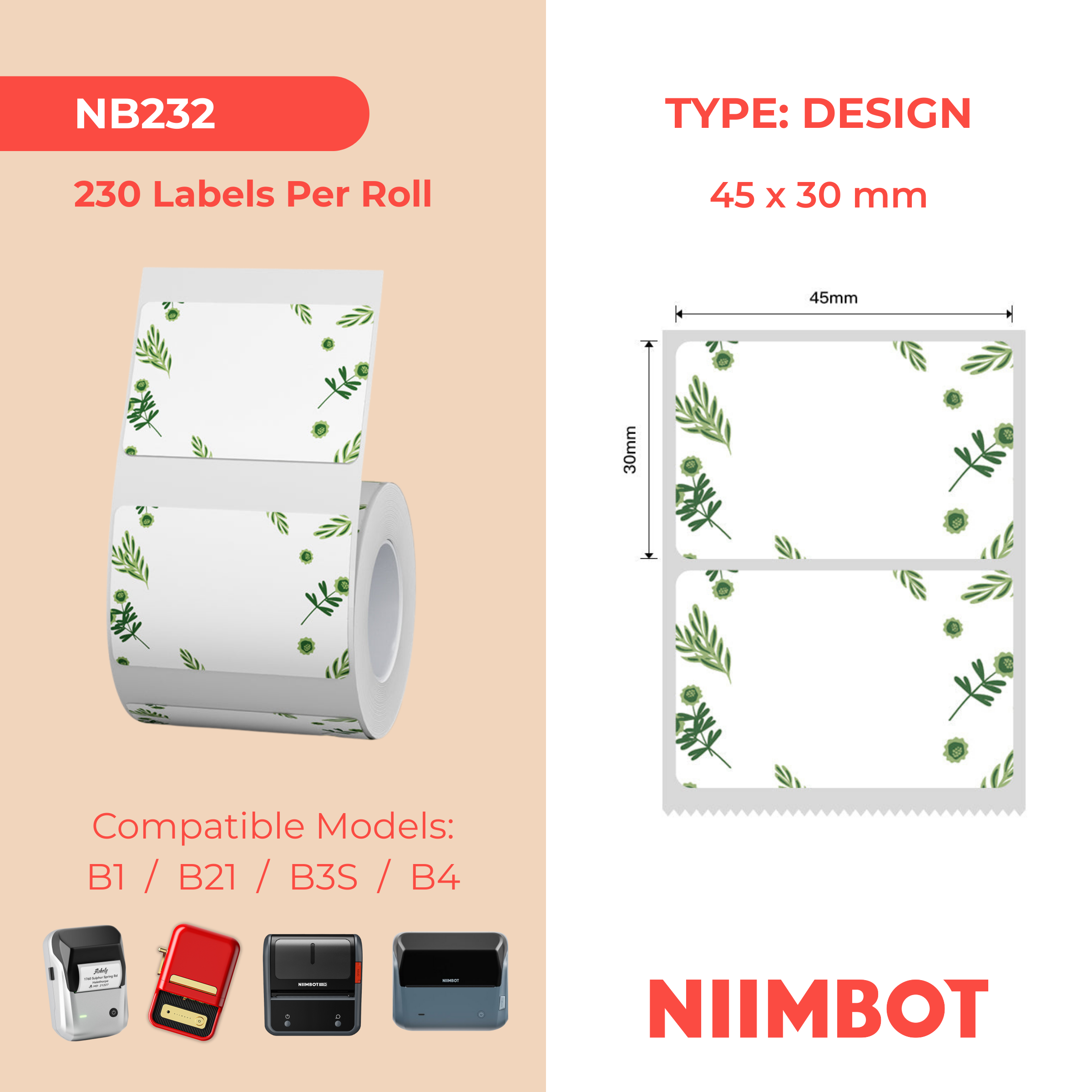 NB232 - Niimbot - B1 / B21 / B31 / B3S / B4 - 45x30mm - 230 Plant Labels