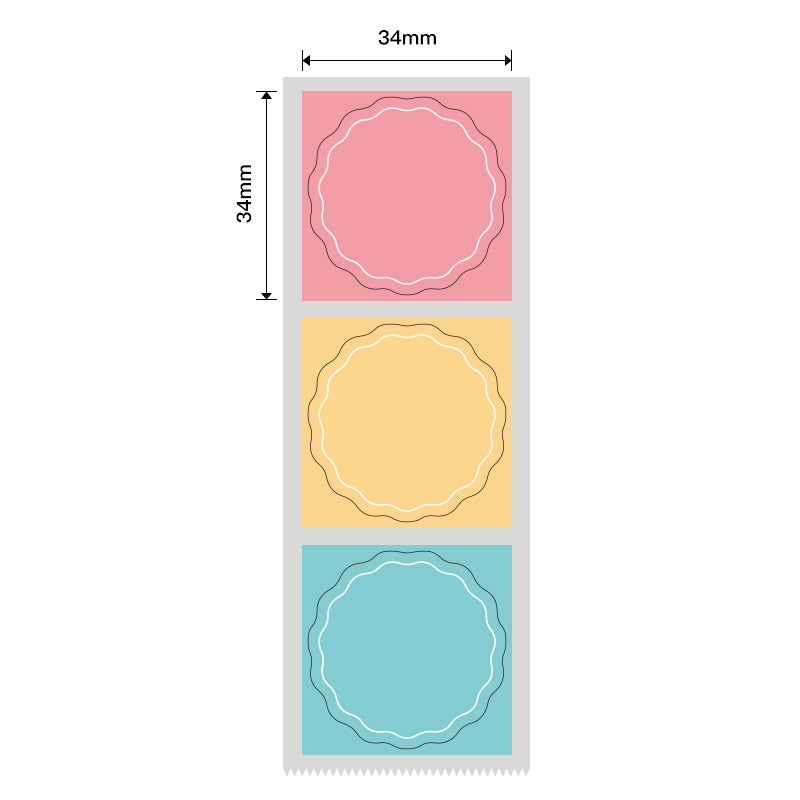 NB233 - NIIMBOT - B1 / B21 / B3S / B4 - T34X34MM - 200 WAVY ROUND THERMAL LABELS - PINK, YELLOW AND BLUE
