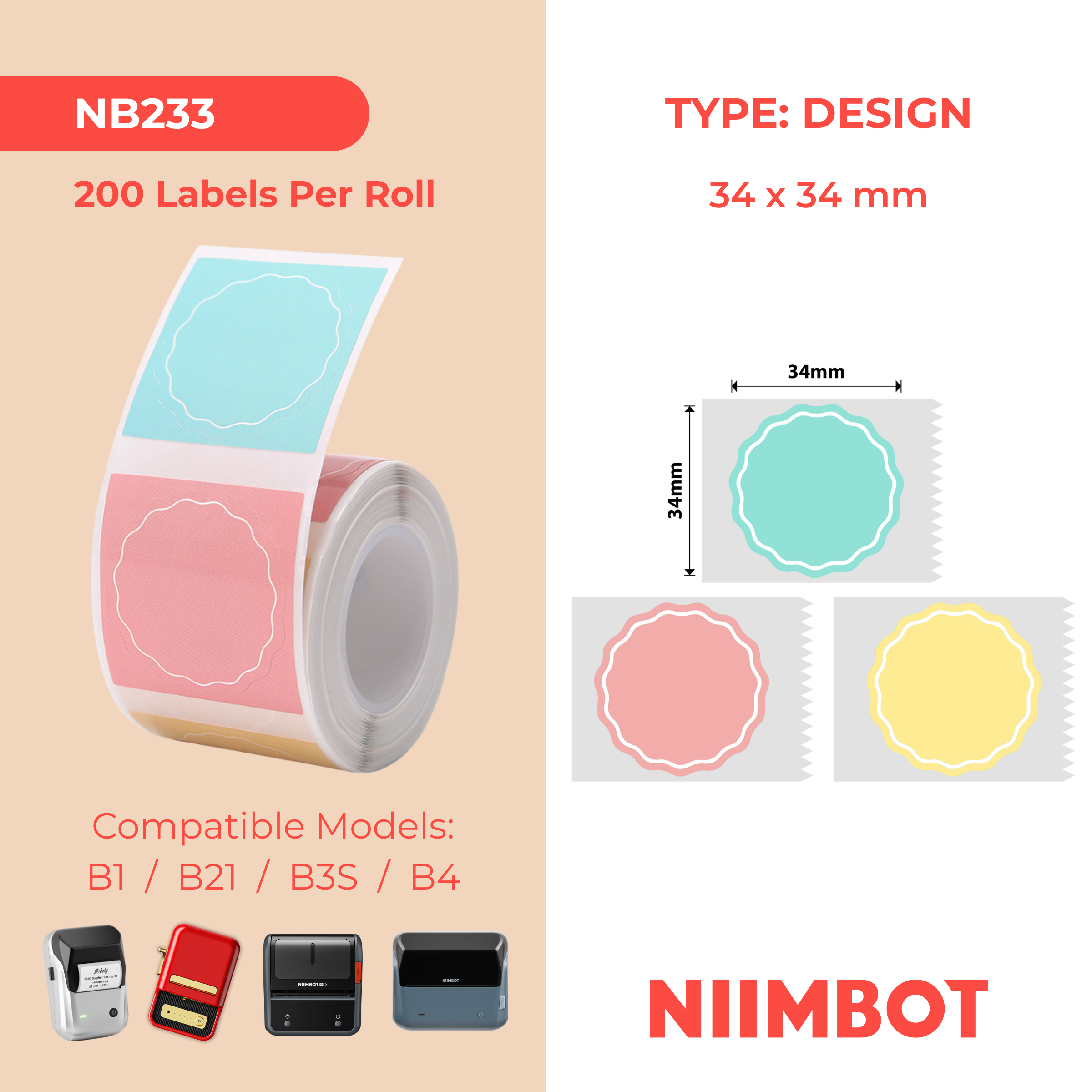 NB233 - Niimbot - B1 / B21 / B31 / B3S / B4 - 34x34mm - 200 Wavy Round Pink, Yellow & Blue Labels