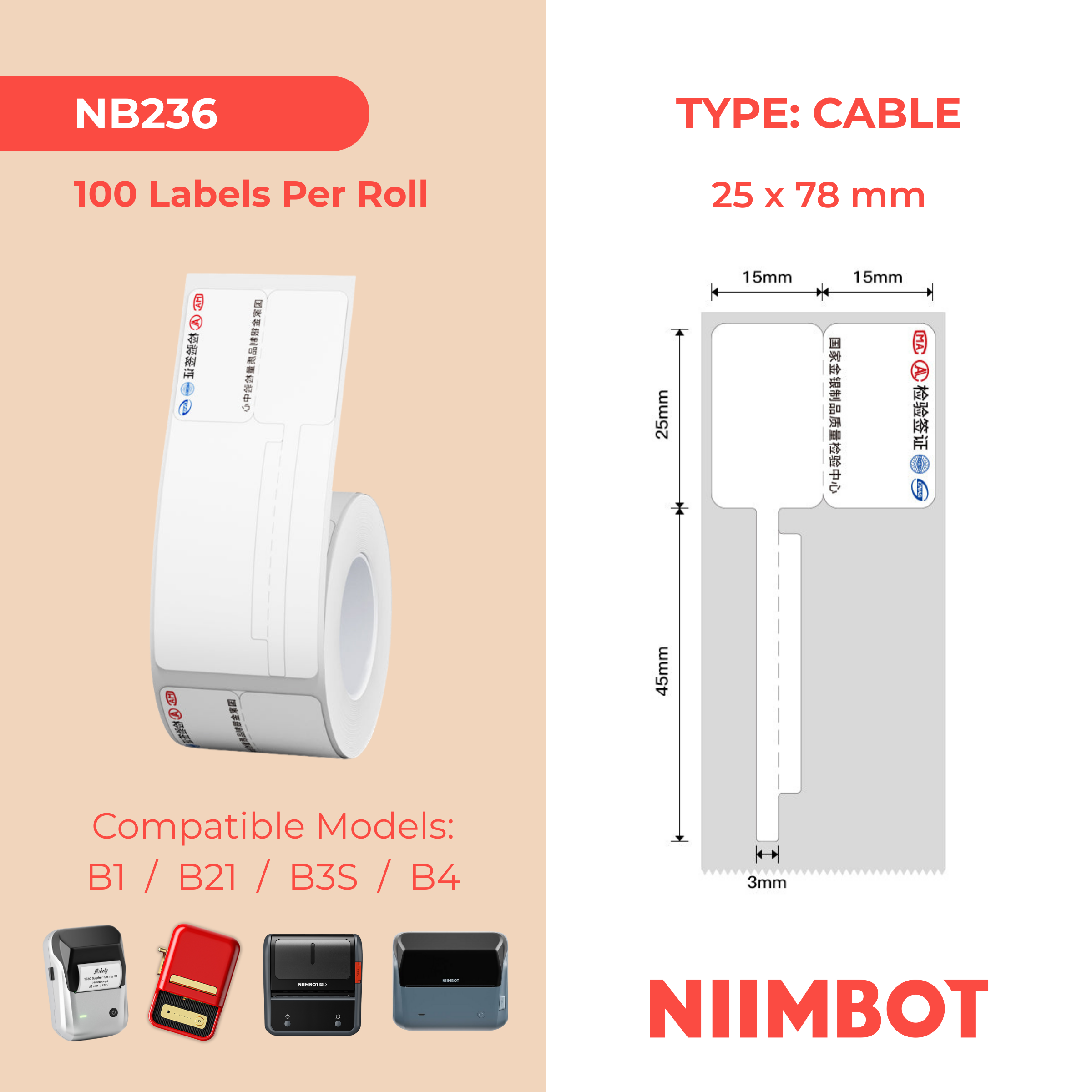 NB236 - Niimbot - B1 / B21 / B31 / B3S / B4 - 30x70mm - 100 Chinese Cable Labels