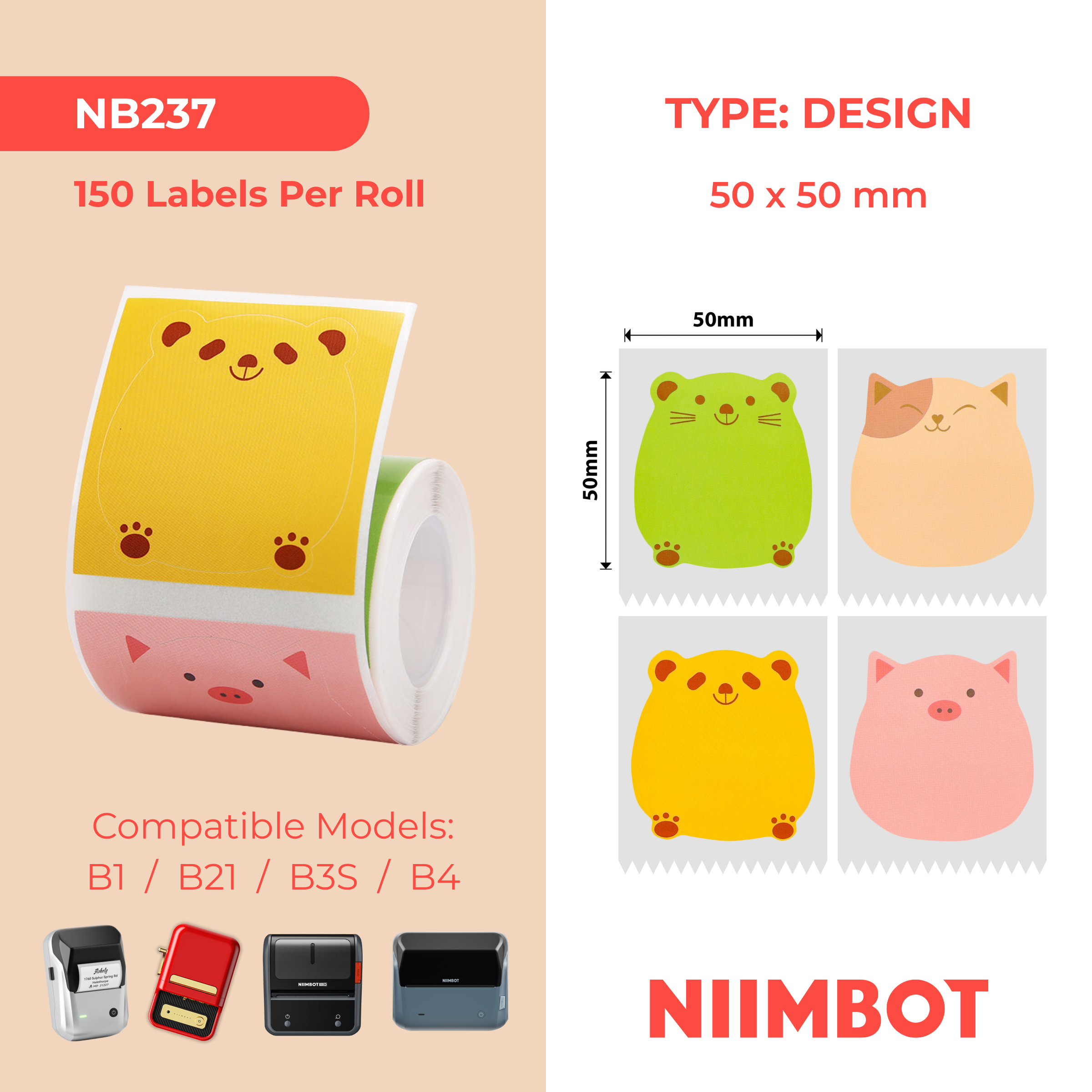 NB237 - Niimbot - B1 / B21 / B31 / B3S / B4 - 50x50mm - 150 Auspicious Animal Labels