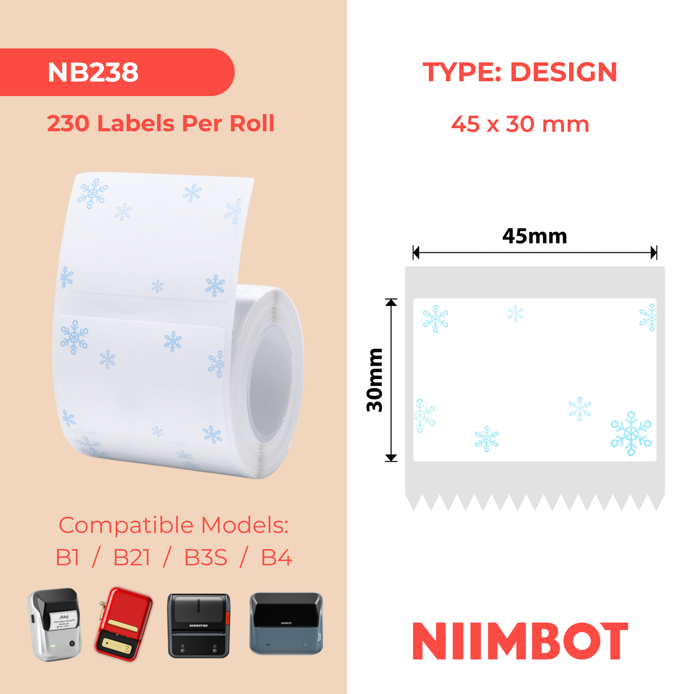 NB238 - Niimbot - B1 / B21 / B31 / B3S / B4 - 45x30mm - 230 Blue Snow Labels