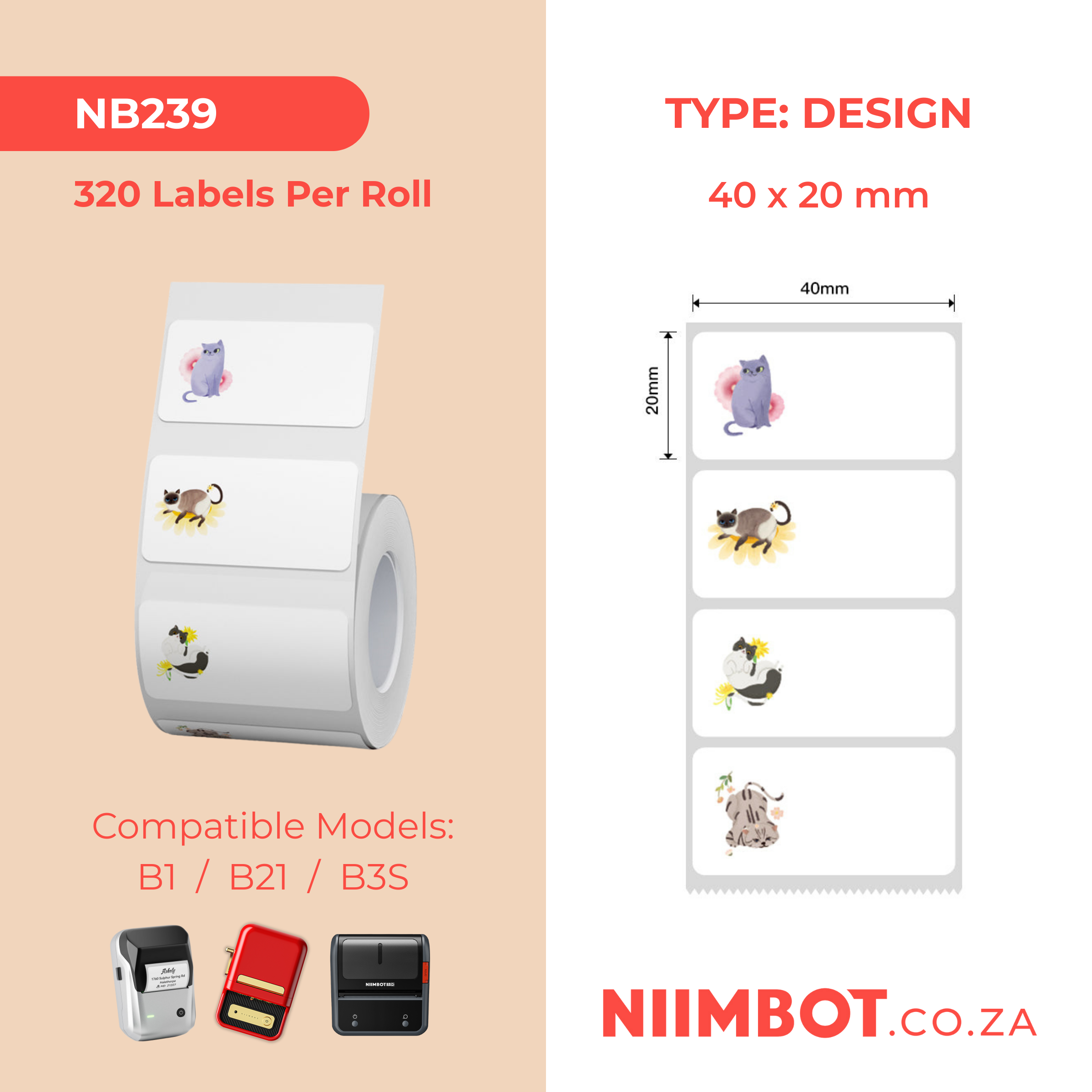 NB239 - NIIMBOT - B1 / B21 / B3S / B4 - 40X20MM - 320 LABELS PER ROLL - CAT DESIGN