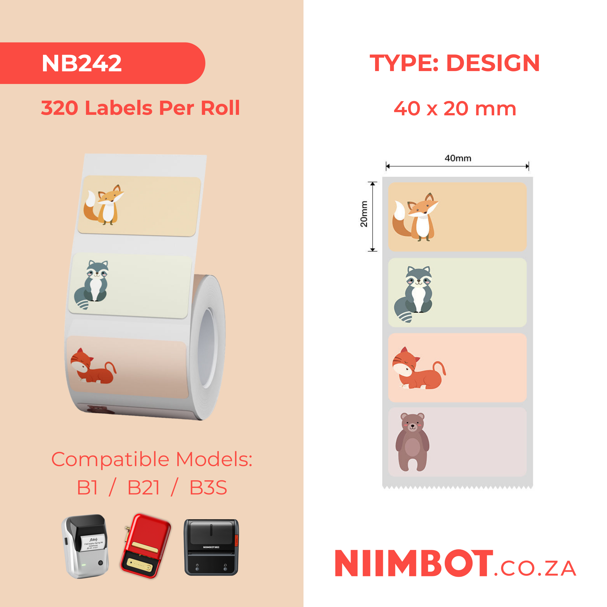 NB241 - NIIMBOT - B1 / B21 / B3S / B4 - 40X20MM - 320 LABELS PER ROLL - DUCK DESIGN