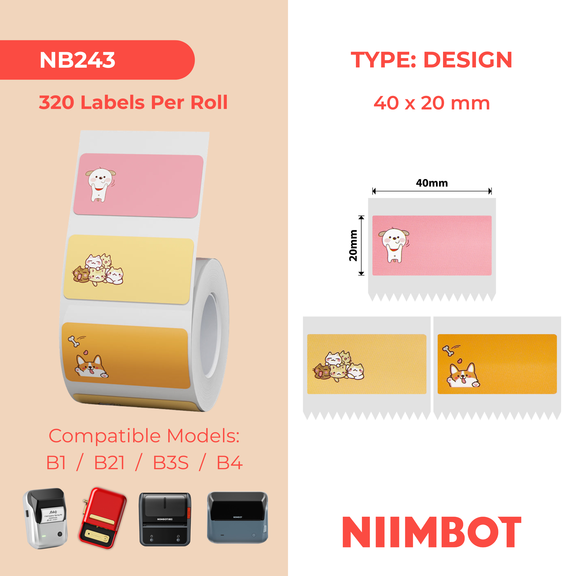 NB243 - Niimbot - B1 / B21 / B31 / B3S / B4 - 40x20mm - 320 Pink & Orange, Cat & Dog Labels