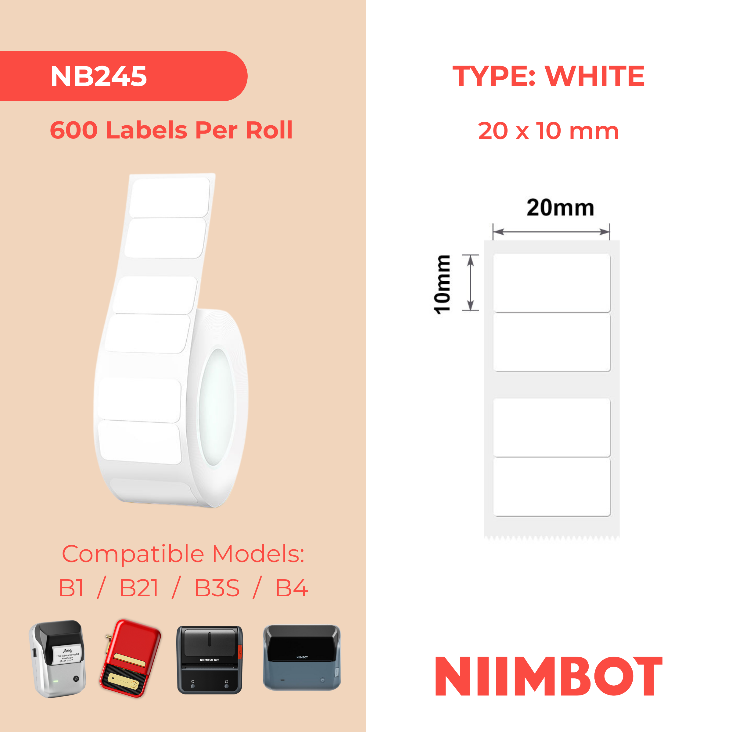NB245 - Niimbot - B1 / B21 / B3S / B4 - 20x10mm/2 Rows - 600 White Labels
