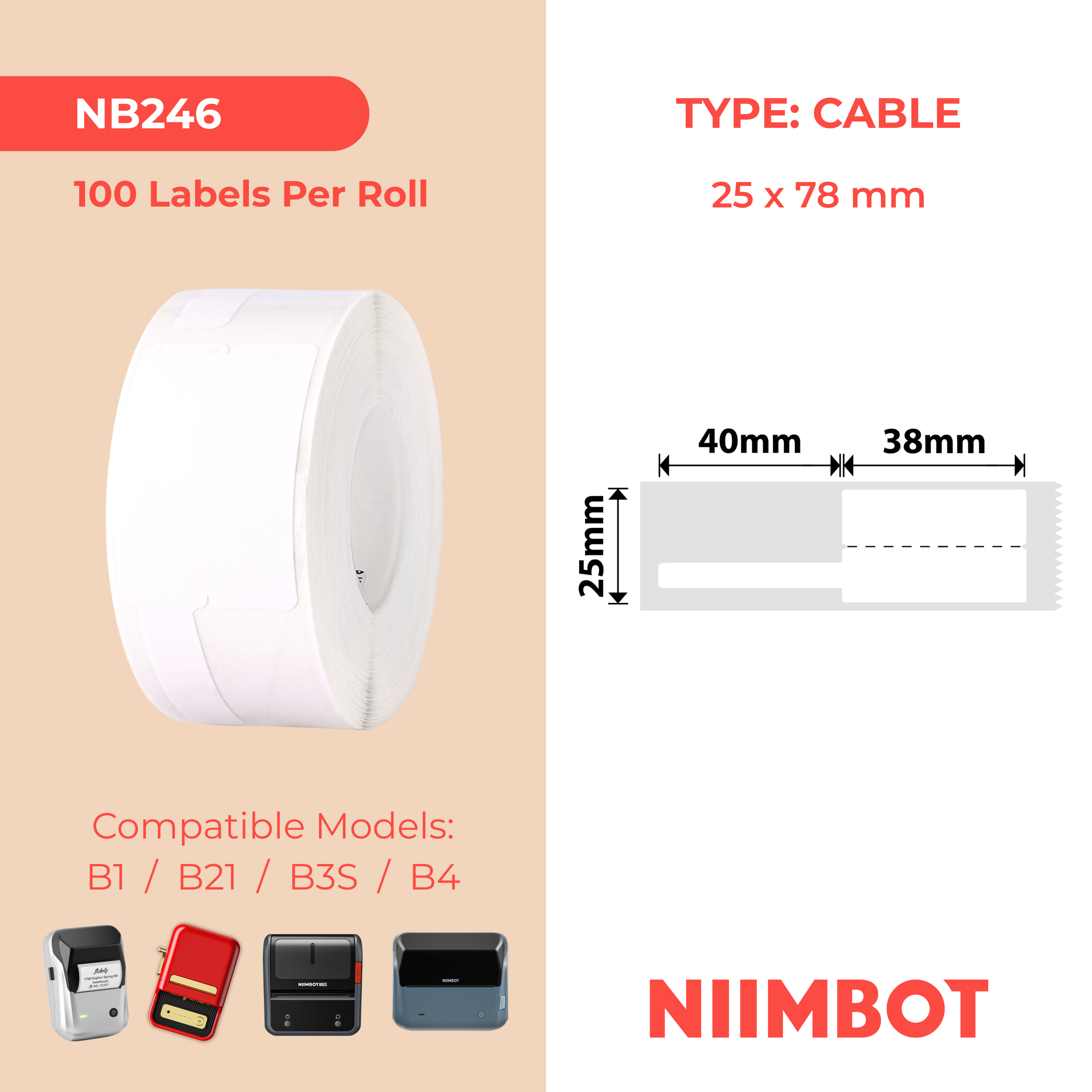 NB246 - Niimbot - B1 / B21 / B3S / B4 - 25x78mm - 100 White Cable Labels