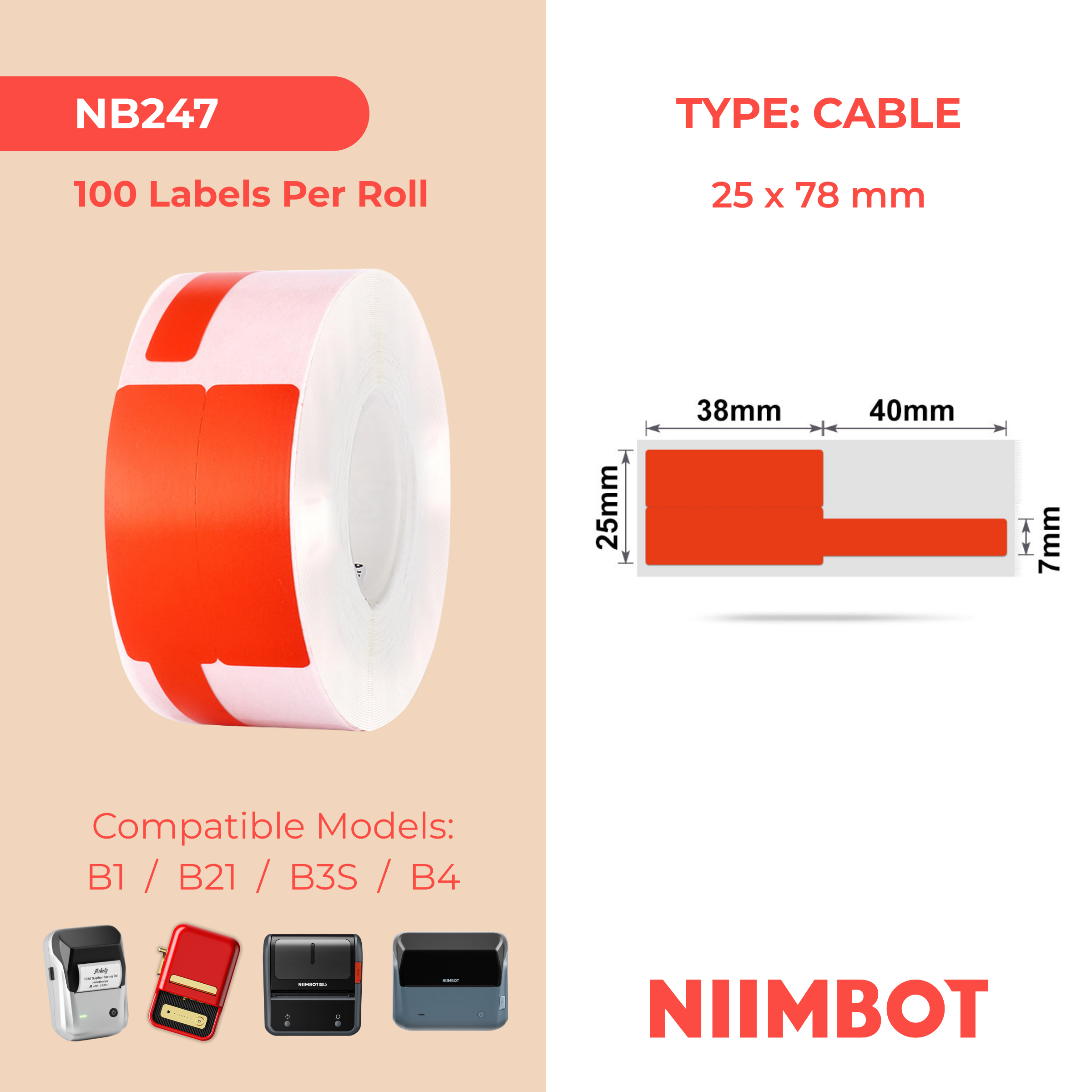 NB247 - Niimbot - B1 / B21 / B3S / B4 - 25x78mm - 100 Red Cable Labels