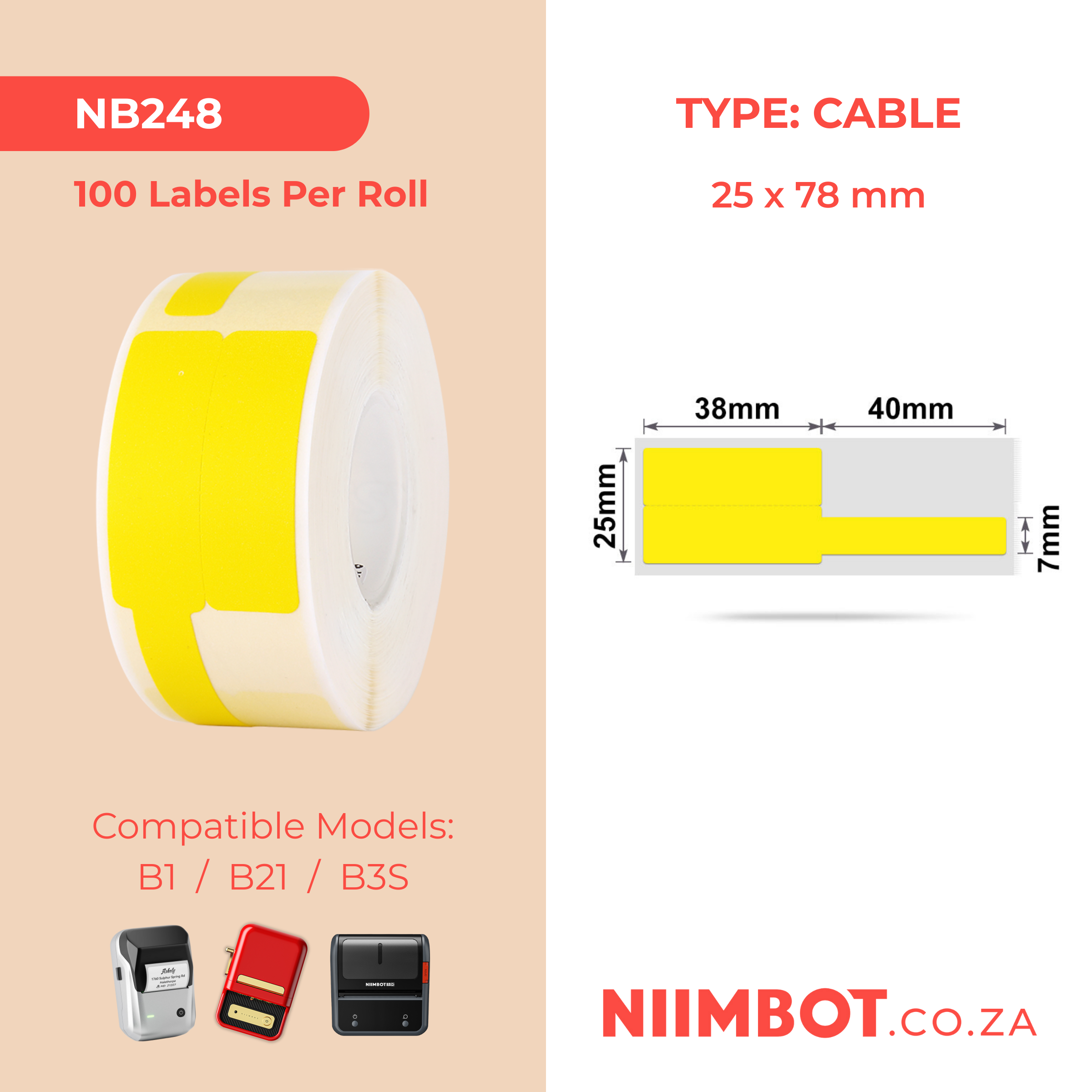NB248 - NIIMBOT - B1 / B21 / B3S / B4 - 25X78MM - 100 LABELS PER ROLL - CABLE / JEWELLERY - YELLOW