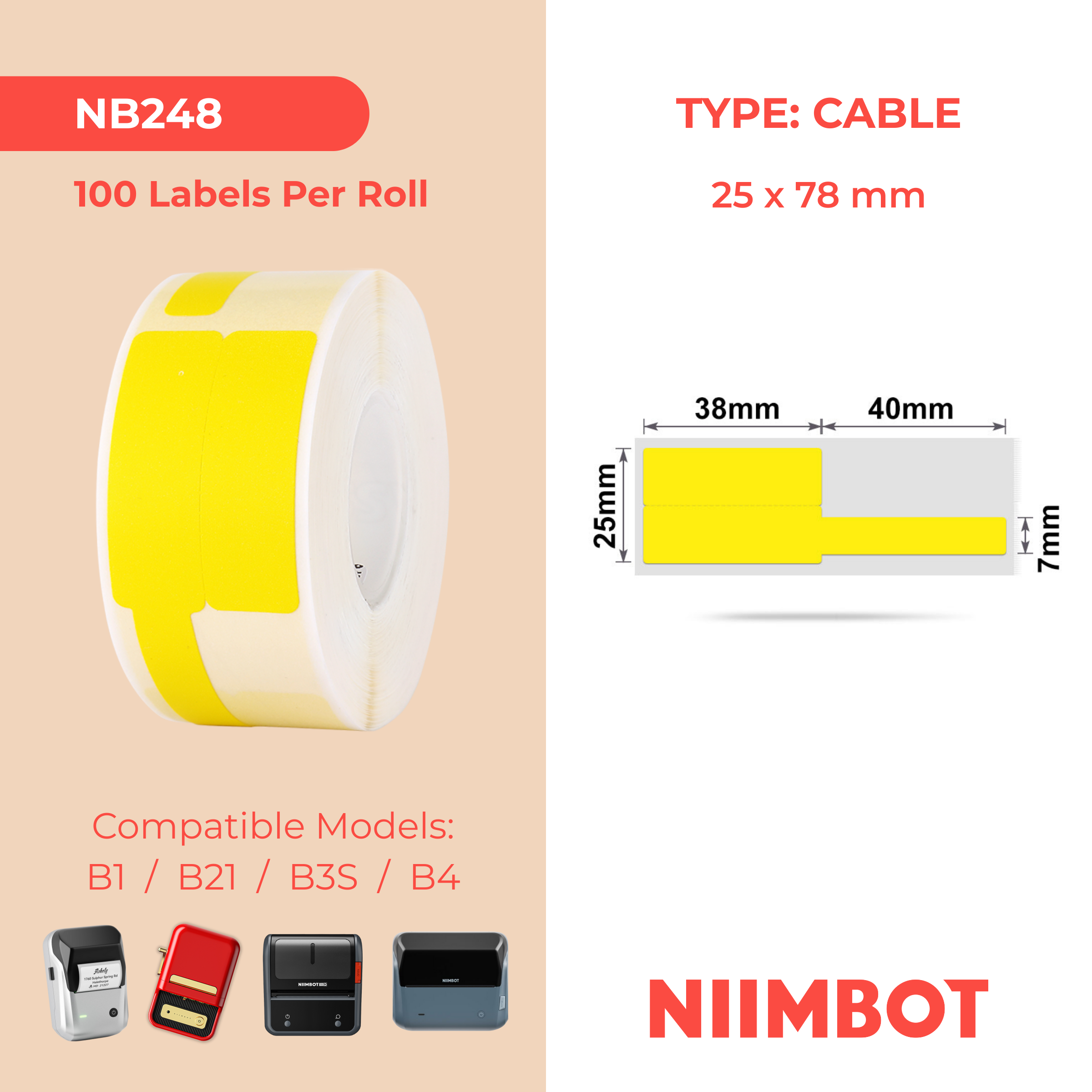NB248 - Niimbot - B1 / B21 / B31 / B3S / B4 - 25x78mm - 100 Yellow Cable Labels