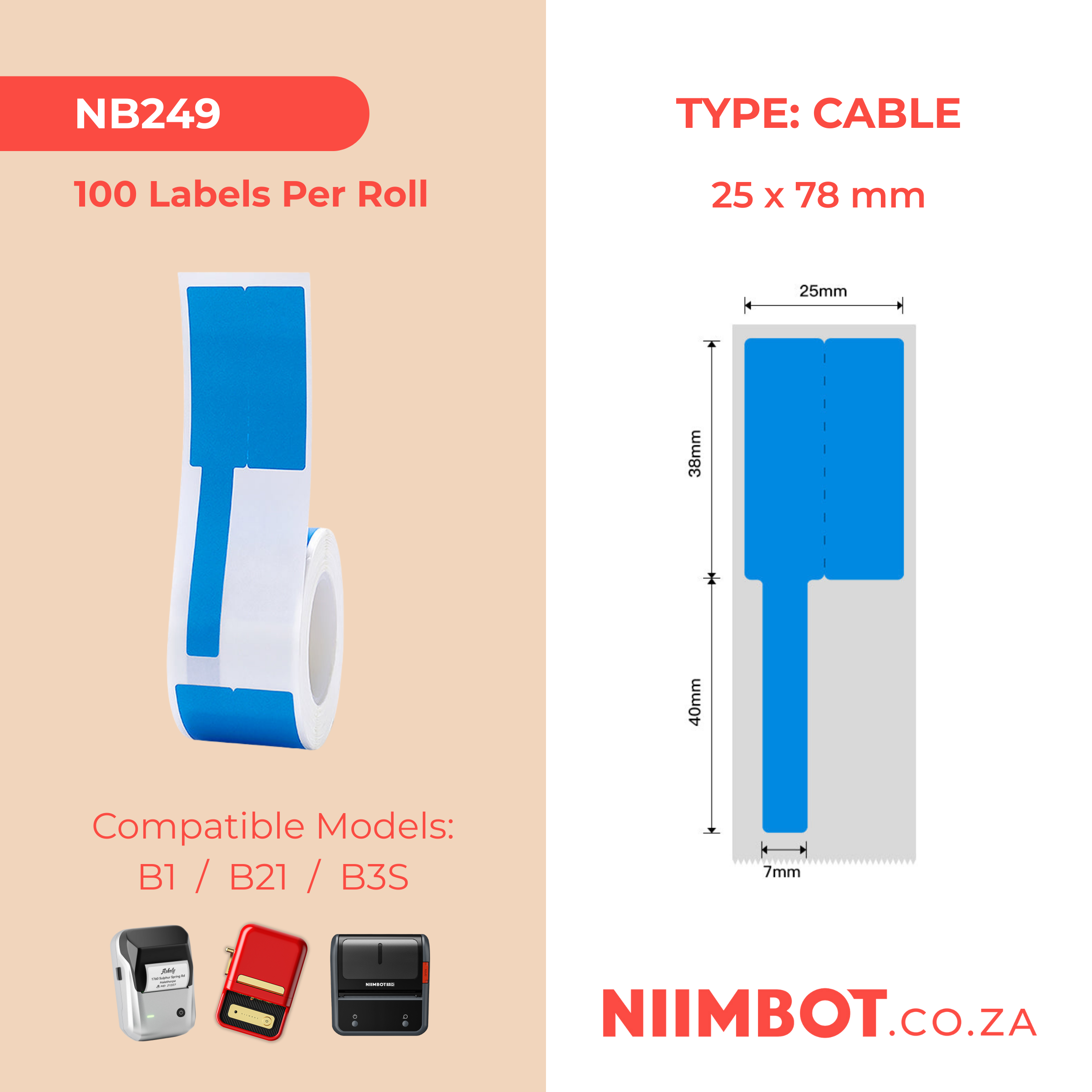 NB249 - NIIMBOT - B1 / B21 / B3S / B4 - R02F - 25X78MM (25X38+40X7) - 100 BLUE THERMAL LABELS - CABLE