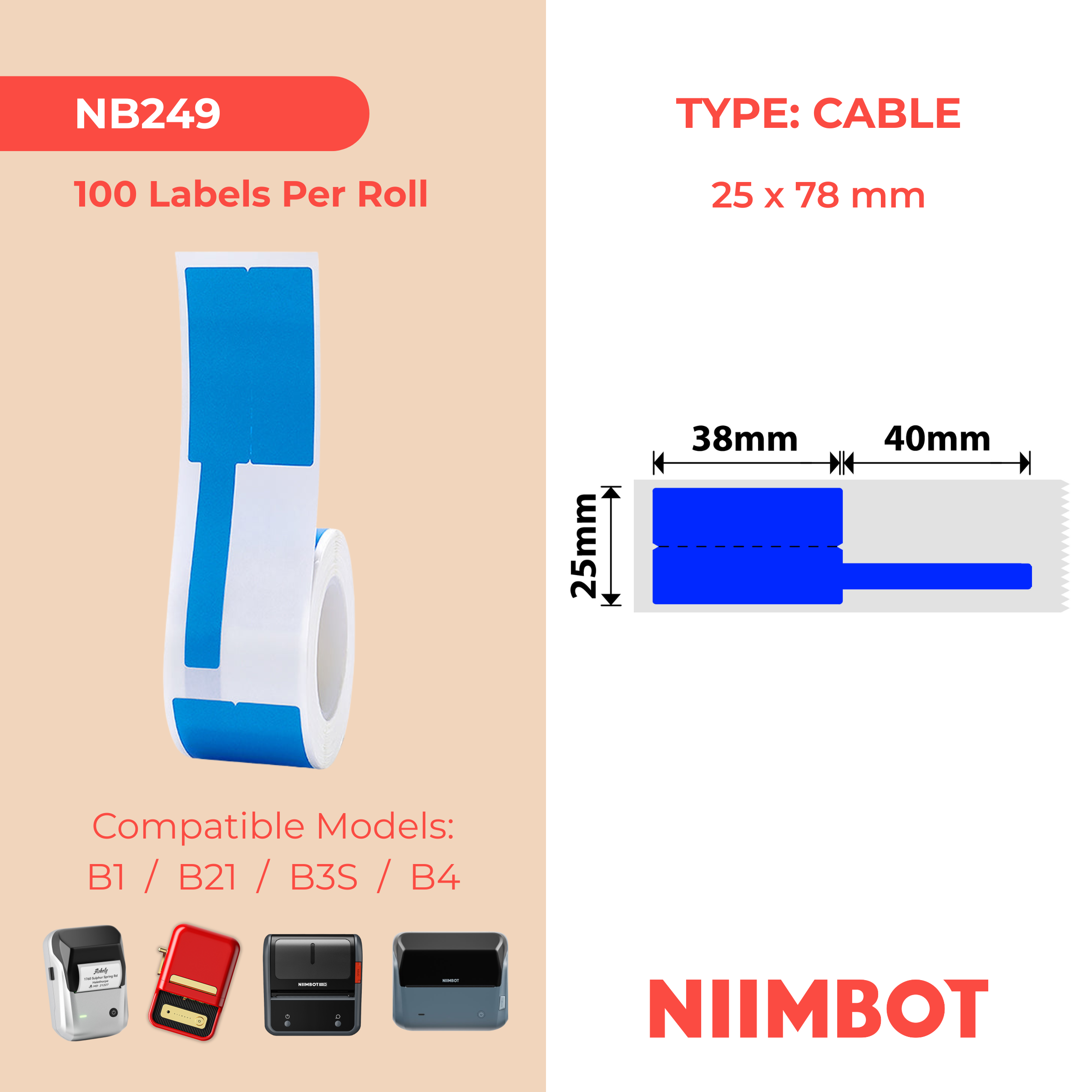 NB249 - Niimbot - B1 / B21 / B31 / B3S / B4 - 25x78mm - 100 Blue Cable Labels